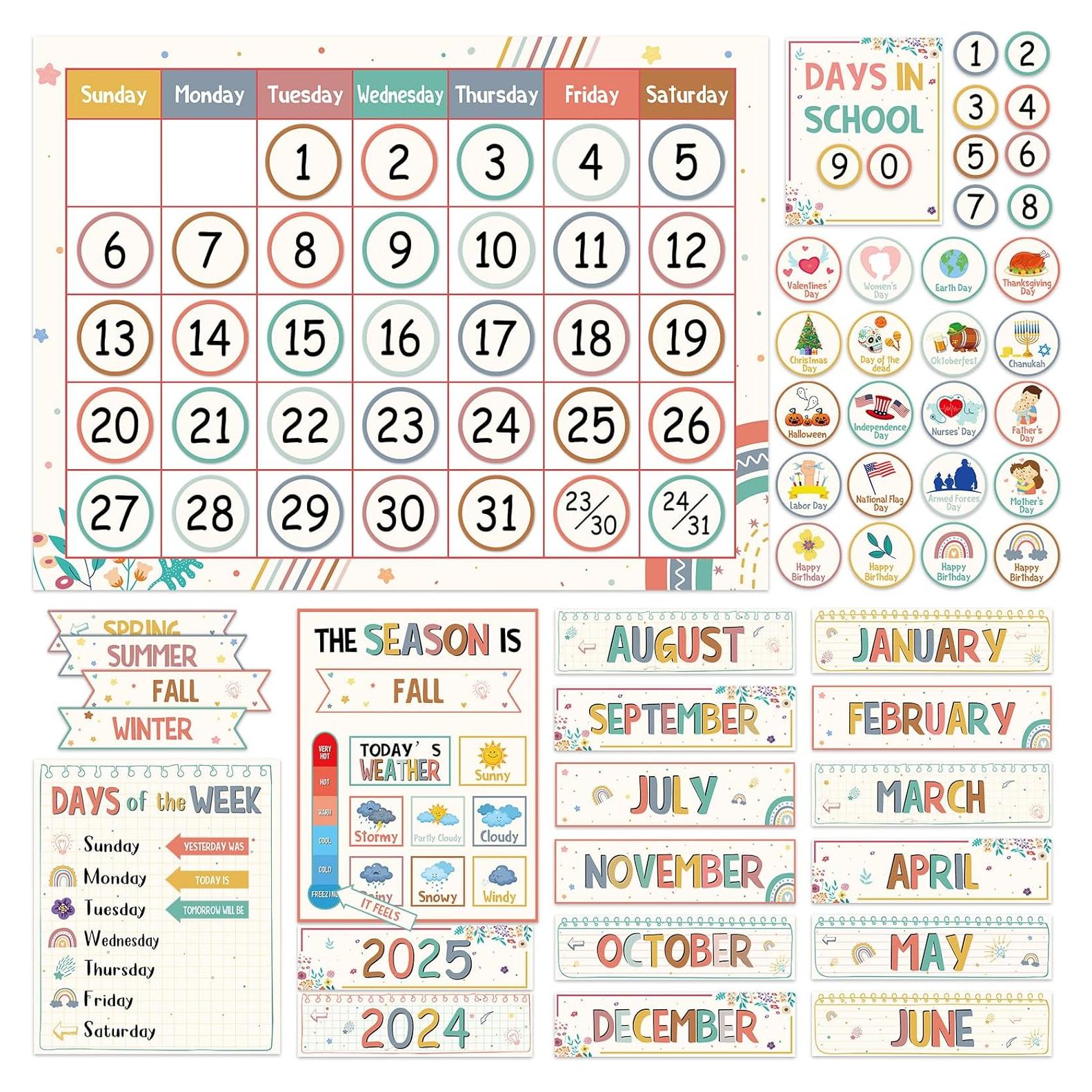 Calendario de Aula Arcoíris Boho QOUBAI - 50 Piezas