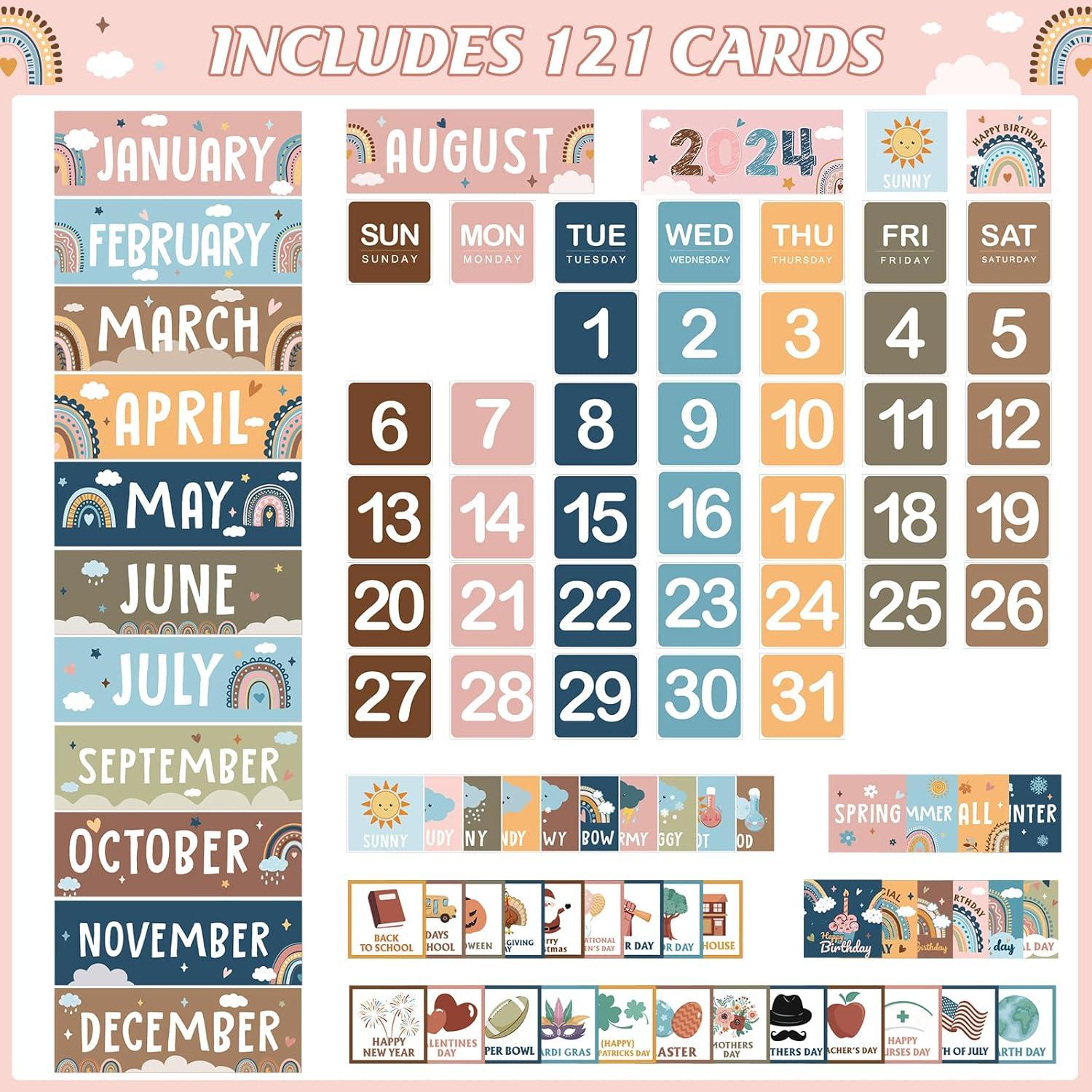 Calendario de Aula Boho con Gráfico de Bolsillo y 121 Tarjetas