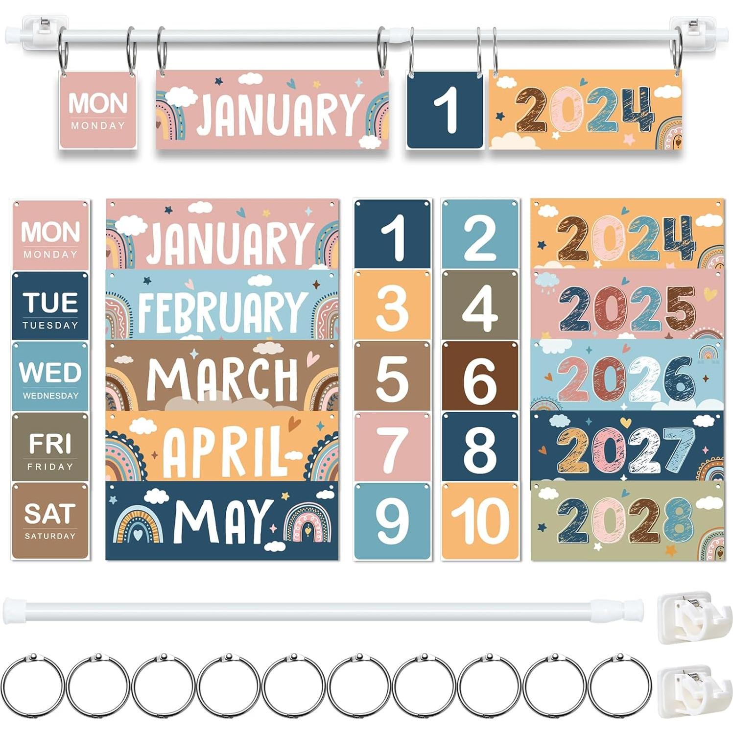 Calendario de Aula Boho con Gráfico de Bolsillo y 121 Tarjetas