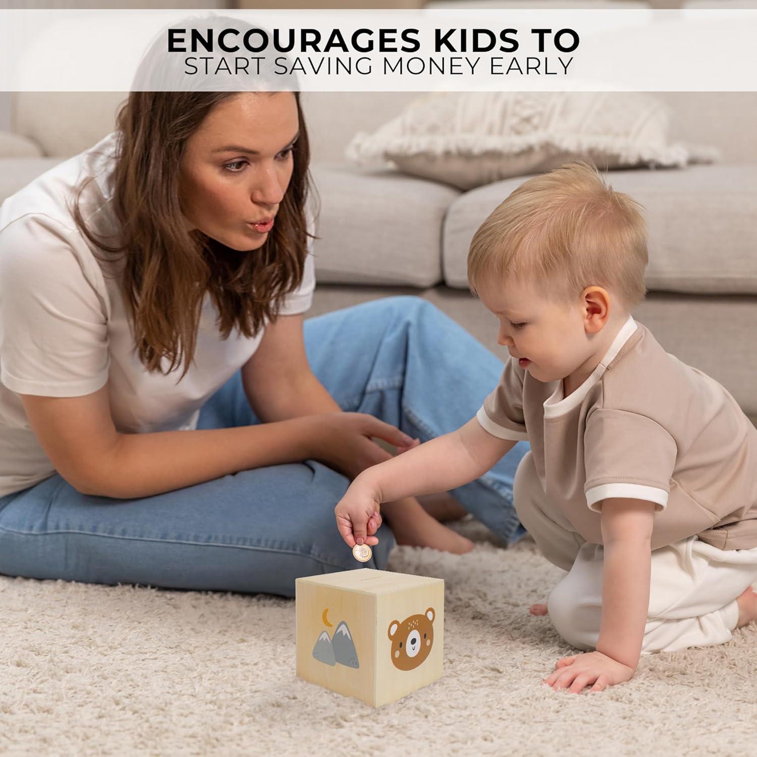 Hucha de Madera KIBAGA para Niños - 13.5 cm, Segura y Divertida