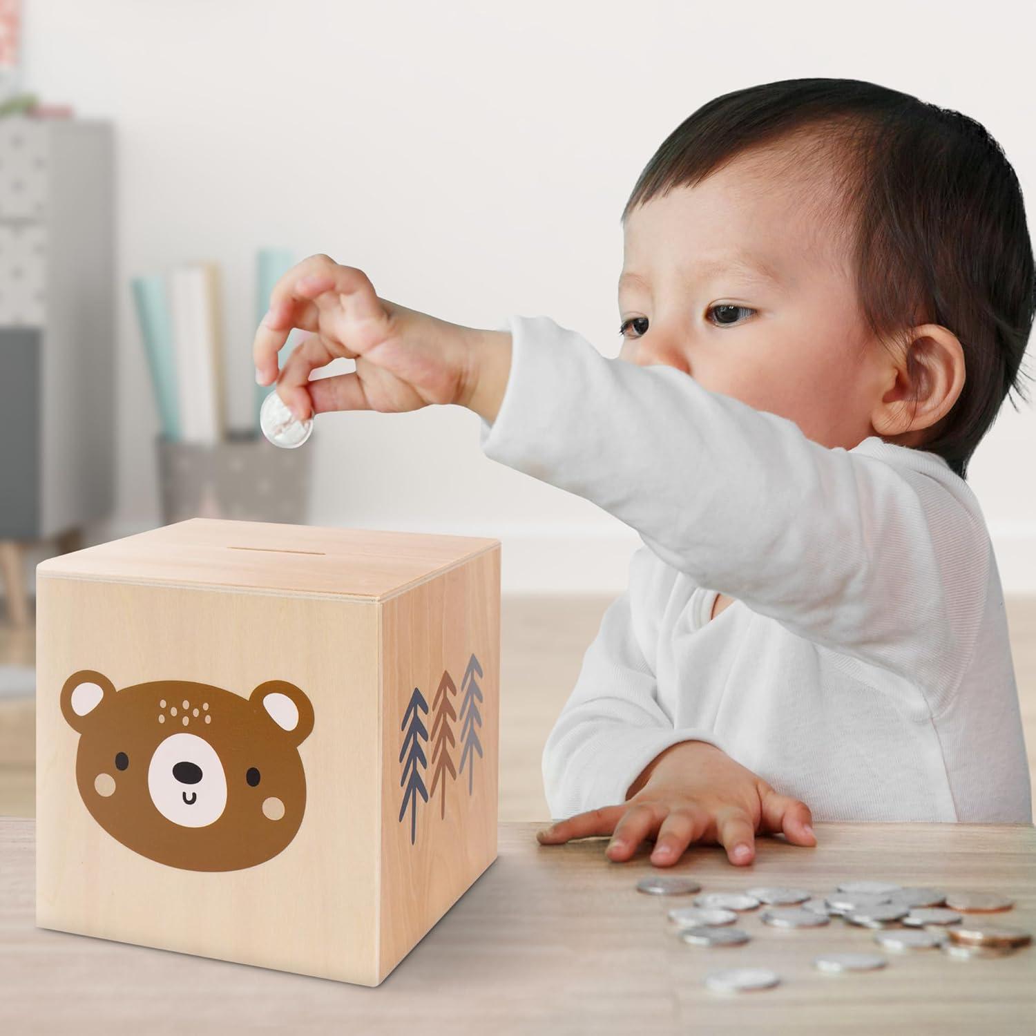 Hucha de Madera KIBAGA para Niños - 13.5 cm, Segura y Divertida