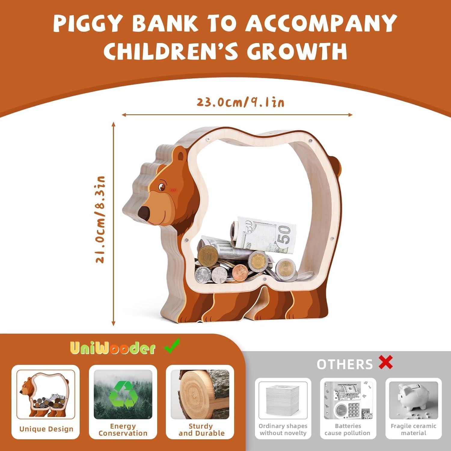 Hucha de Madera para Niños Uniwooder Oso Acrílico 23.1x20.9cm