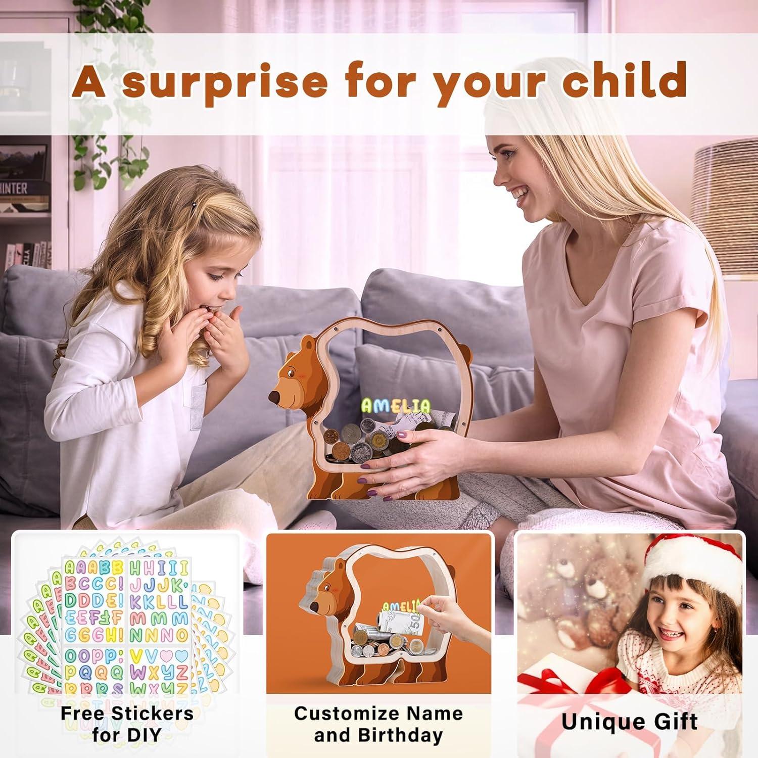 Hucha de Madera para Niños Uniwooder Oso Acrílico 23.1x20.9cm