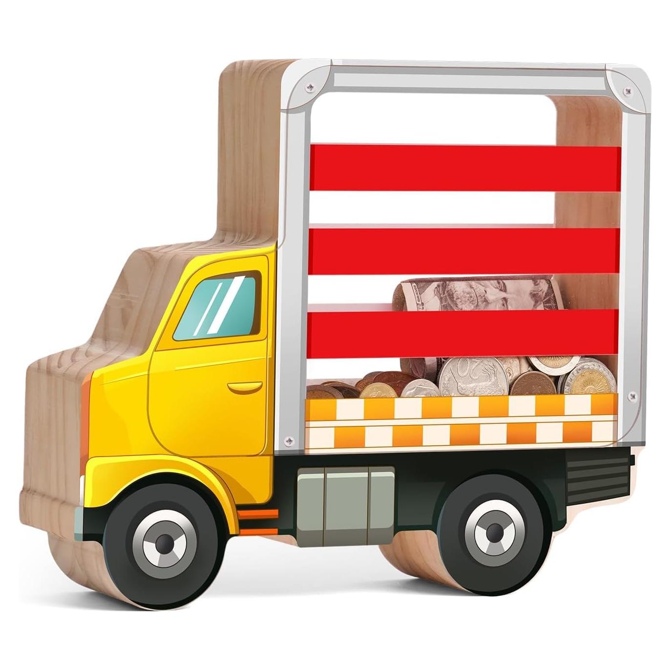 Hucha de Madera para Niños Uniwooder Camión Amarillo 23.1x20.9x6.9 cm