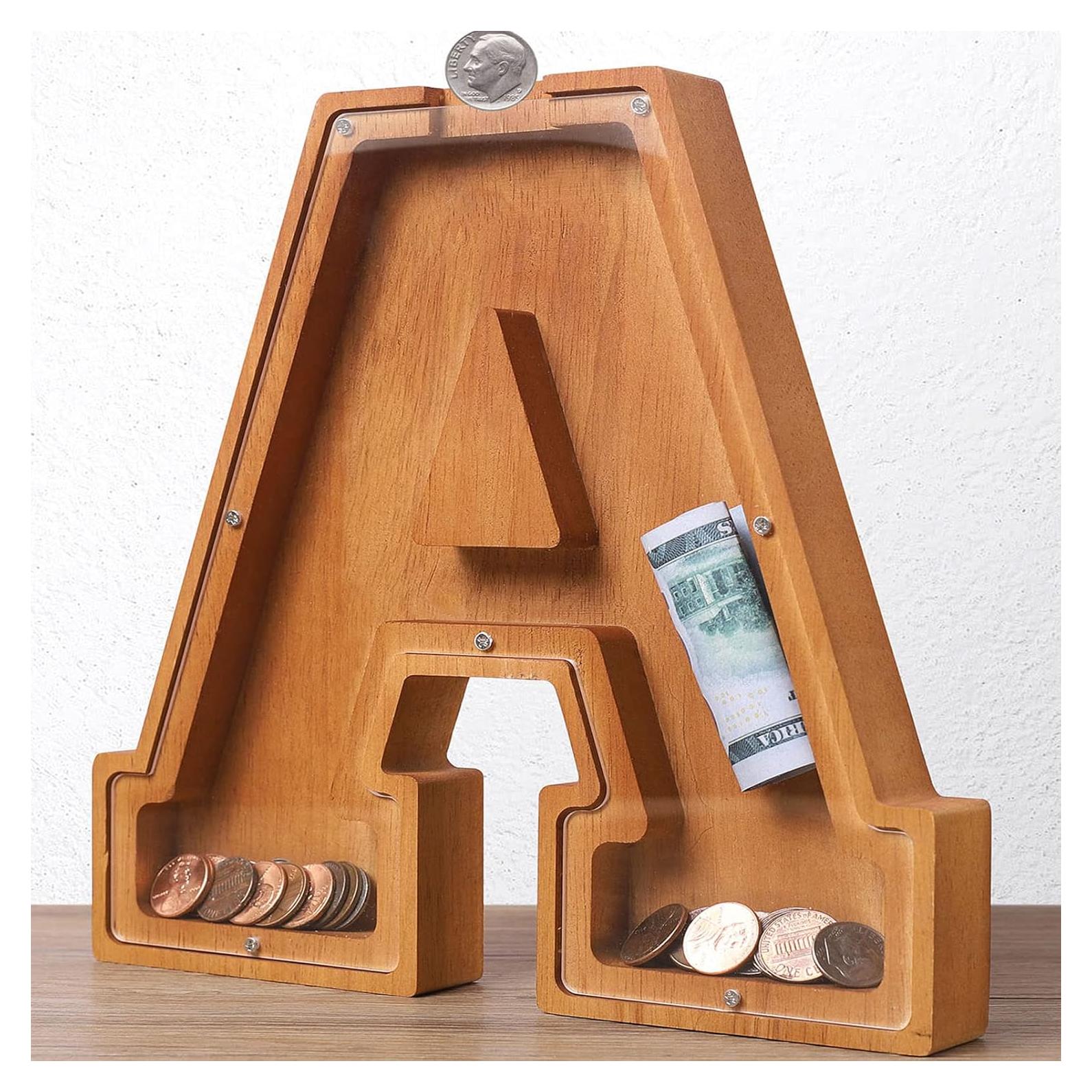 Banco de Monedas Personalizado de Madera 26 Letras - Ahorro Infantil