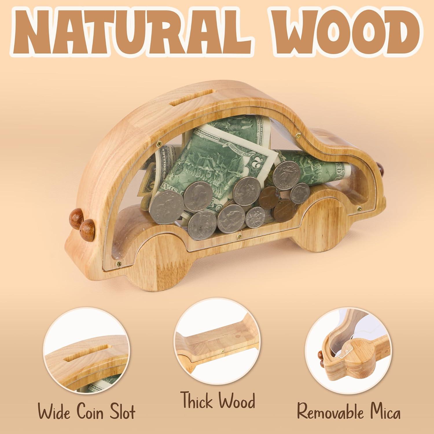 Hucha de Madera Personalizada SENSUNIQ Estilo Coche 26x14.5cm