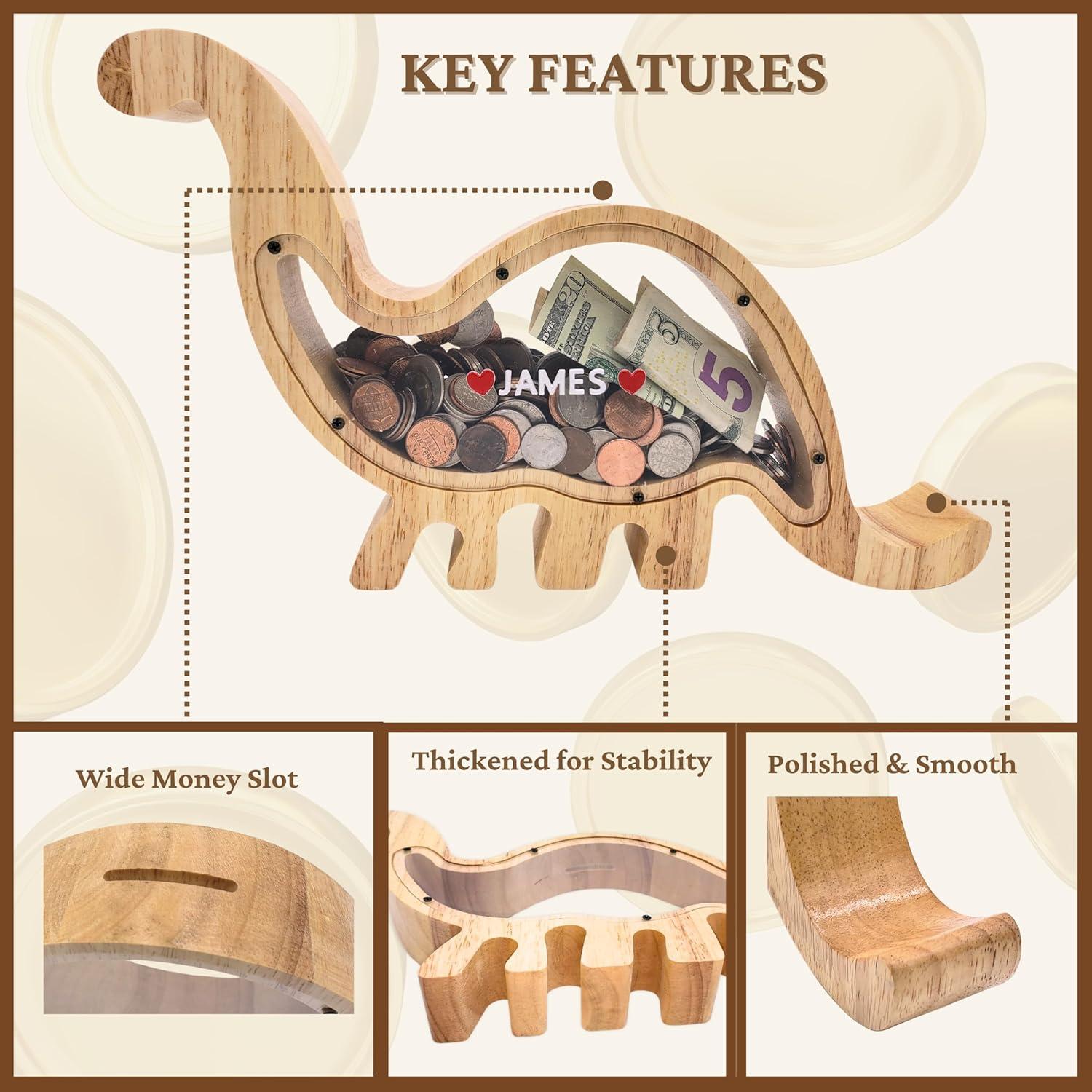 Banco de Dinero de Madera Dinosaurio JIMZIE 33x20 cm Acrílico