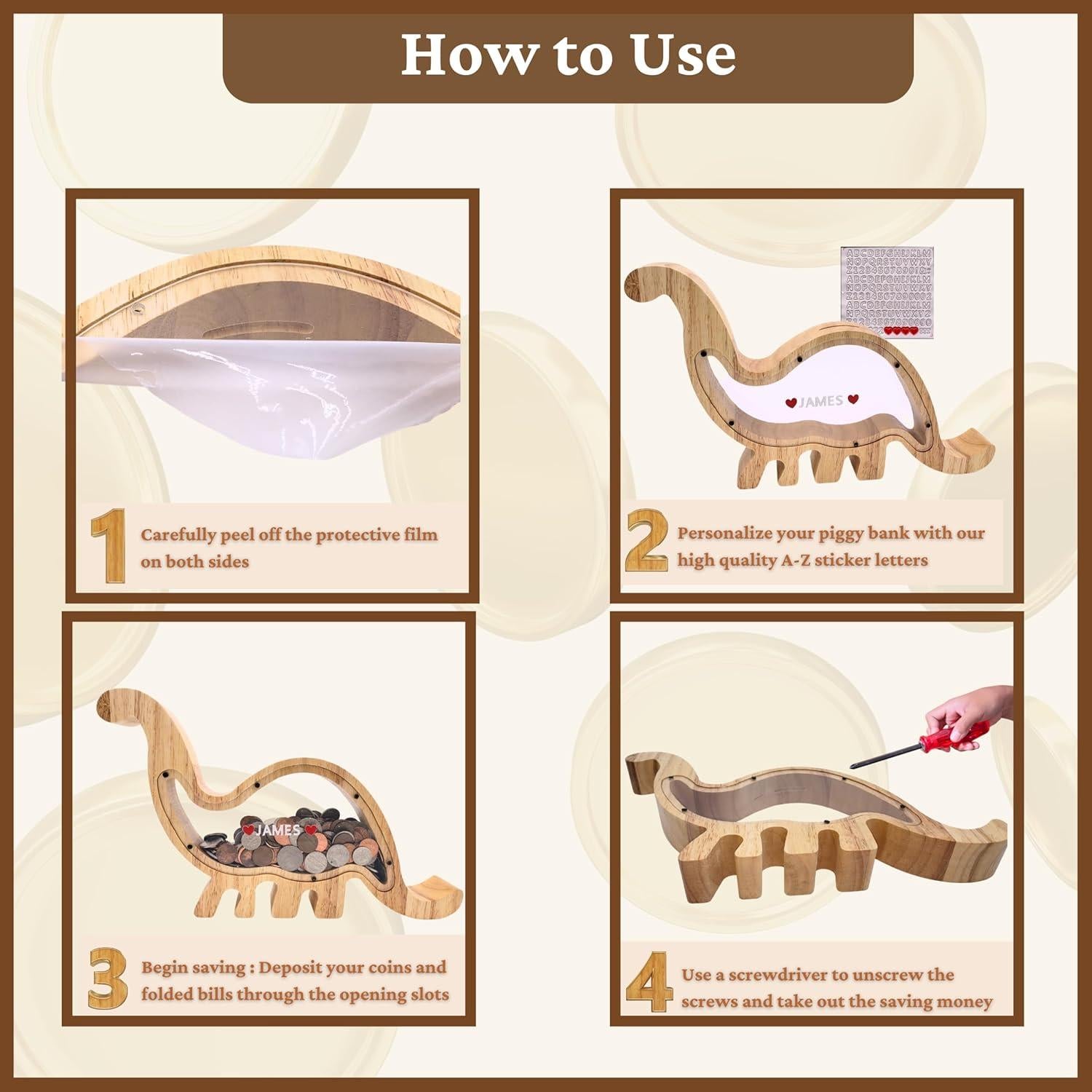 Banco de Dinero de Madera Dinosaurio JIMZIE 33x20 cm Acrílico