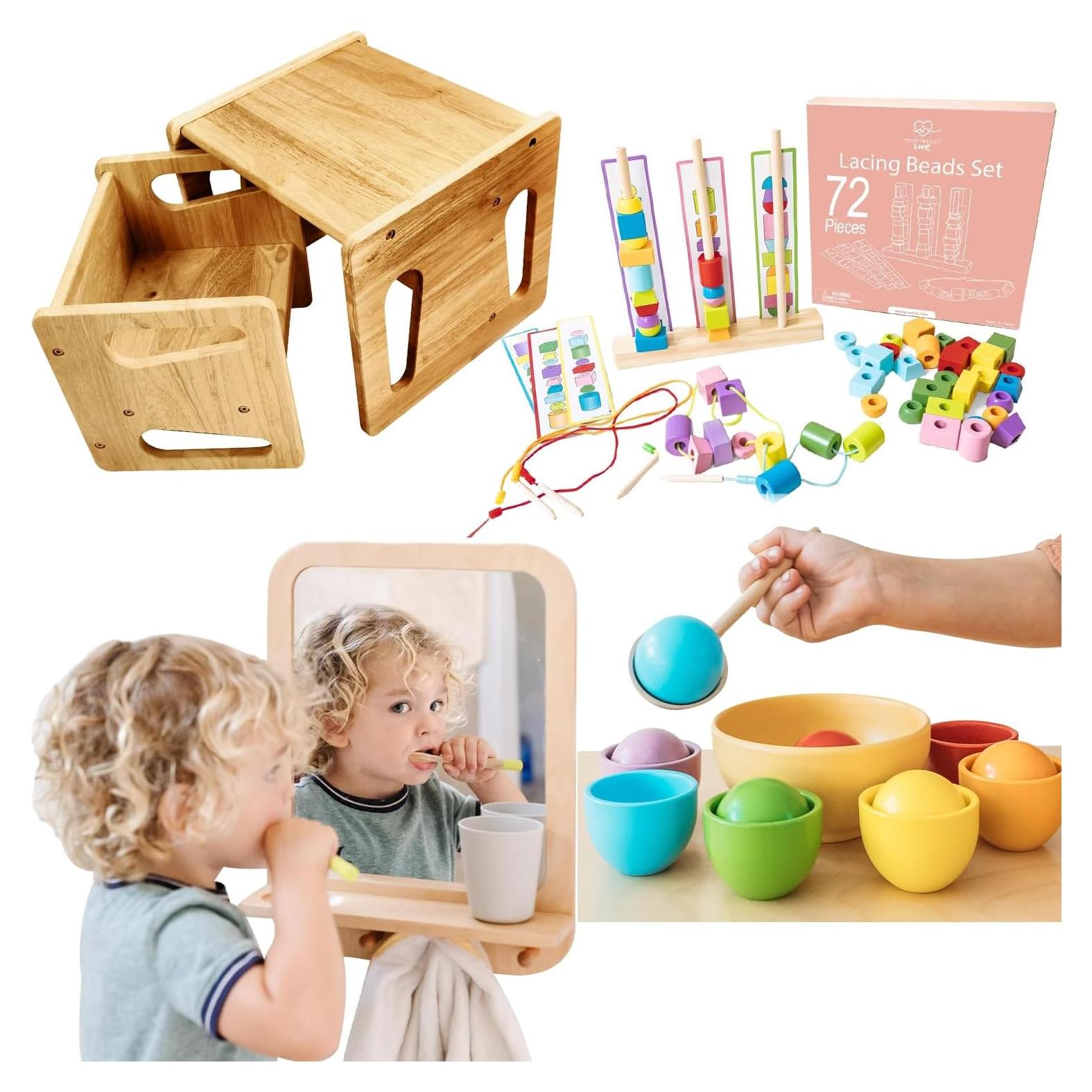 Paquete Montessori y Yo - Mesa, Sillas, Juego de Bolas y Cuentas