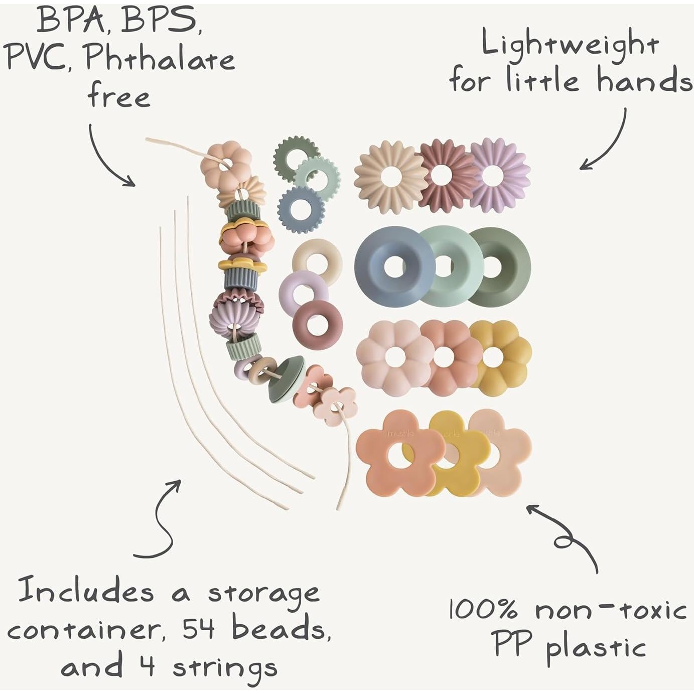 Juego de Enhebrado de Perlas Mushie | Juguete Montessori 54 Piezas
