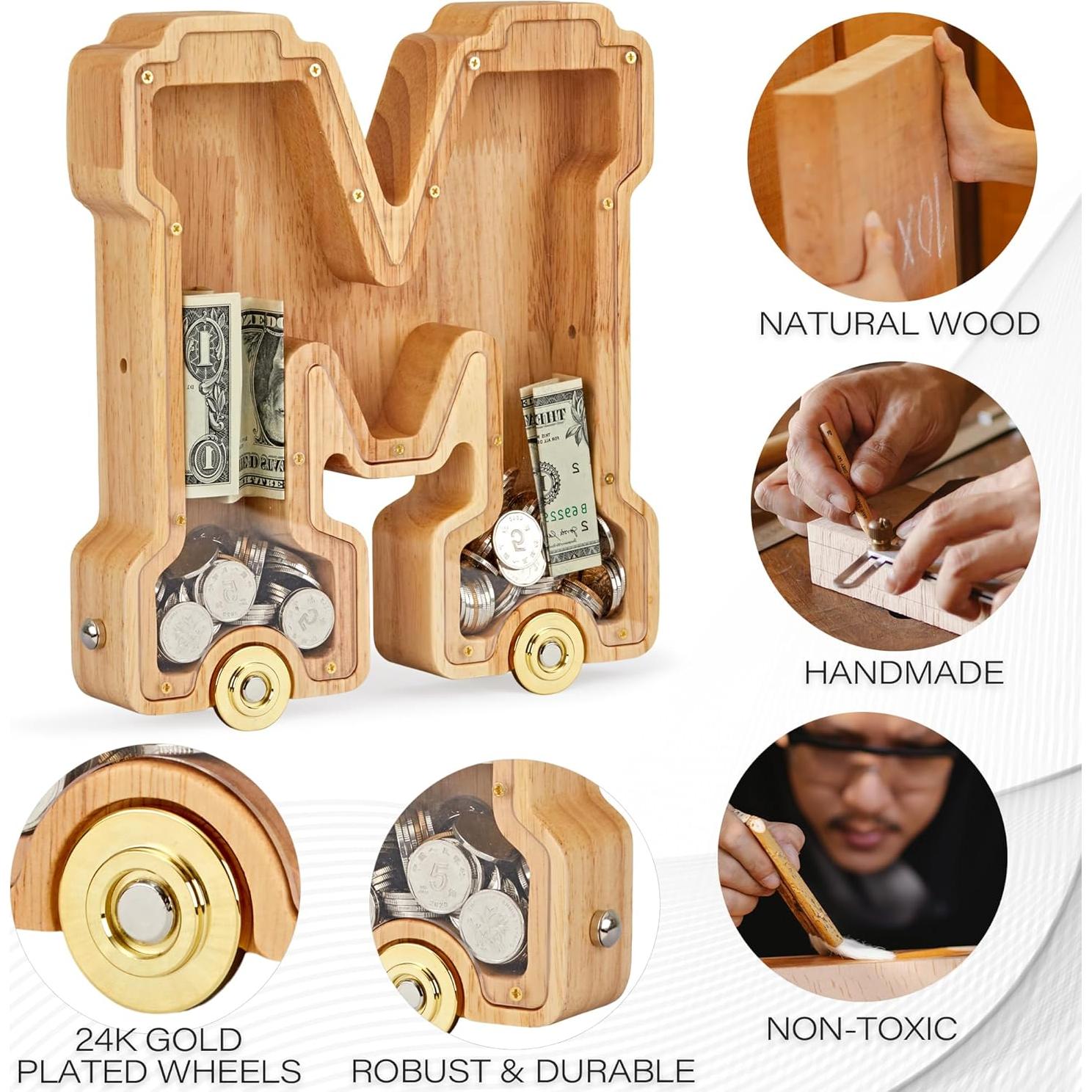 Banco de Dinero de Letras de Madera NBTORCH para Niños