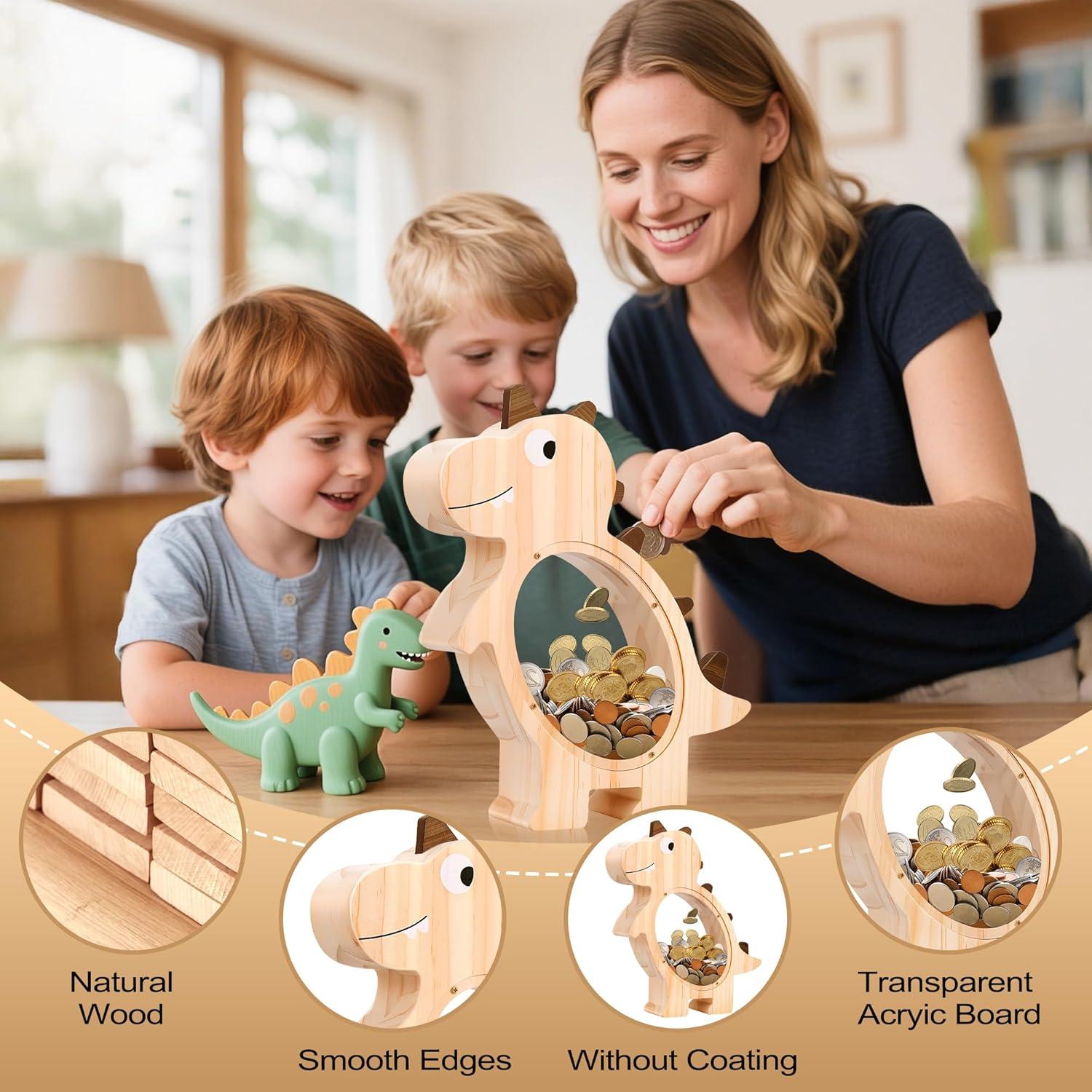 Hucha Dinosaurio de Madera Lulrsay con Ventana Transparente