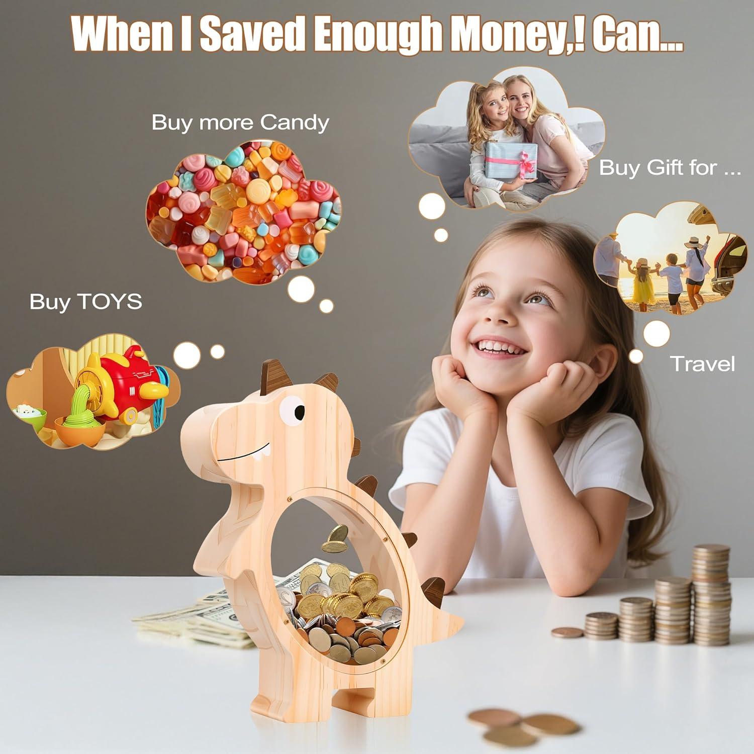 Hucha Dinosaurio de Madera Lulrsay con Ventana Transparente