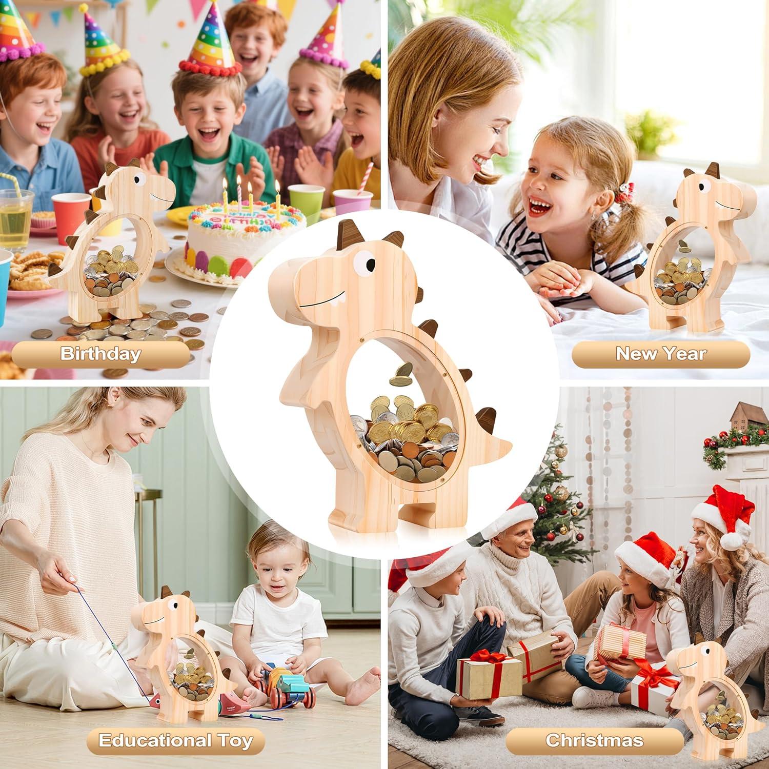 Hucha Dinosaurio de Madera Lulrsay con Ventana Transparente