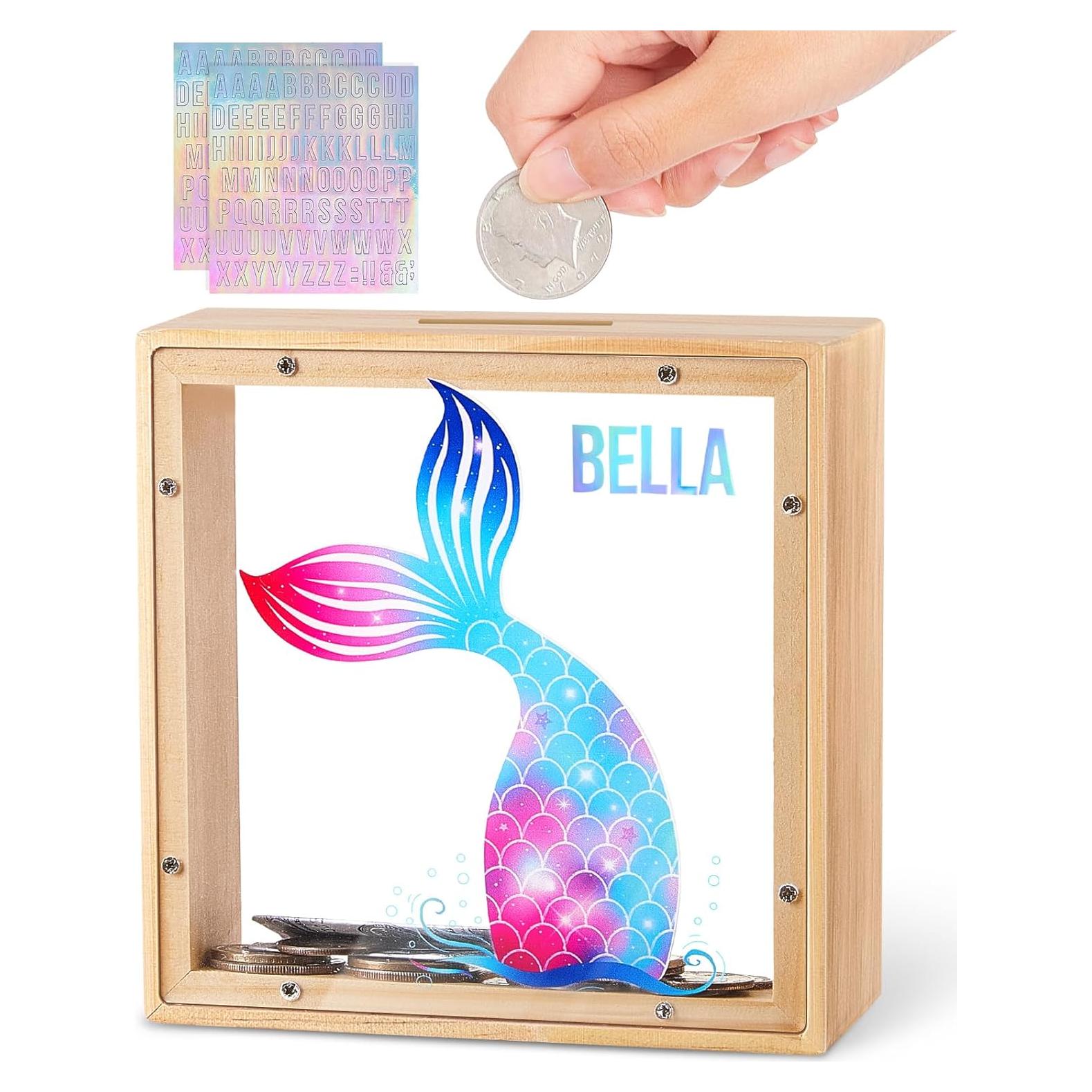 Hucha de Madera para Niños Sirena con Stickers DIY 15x15 cm