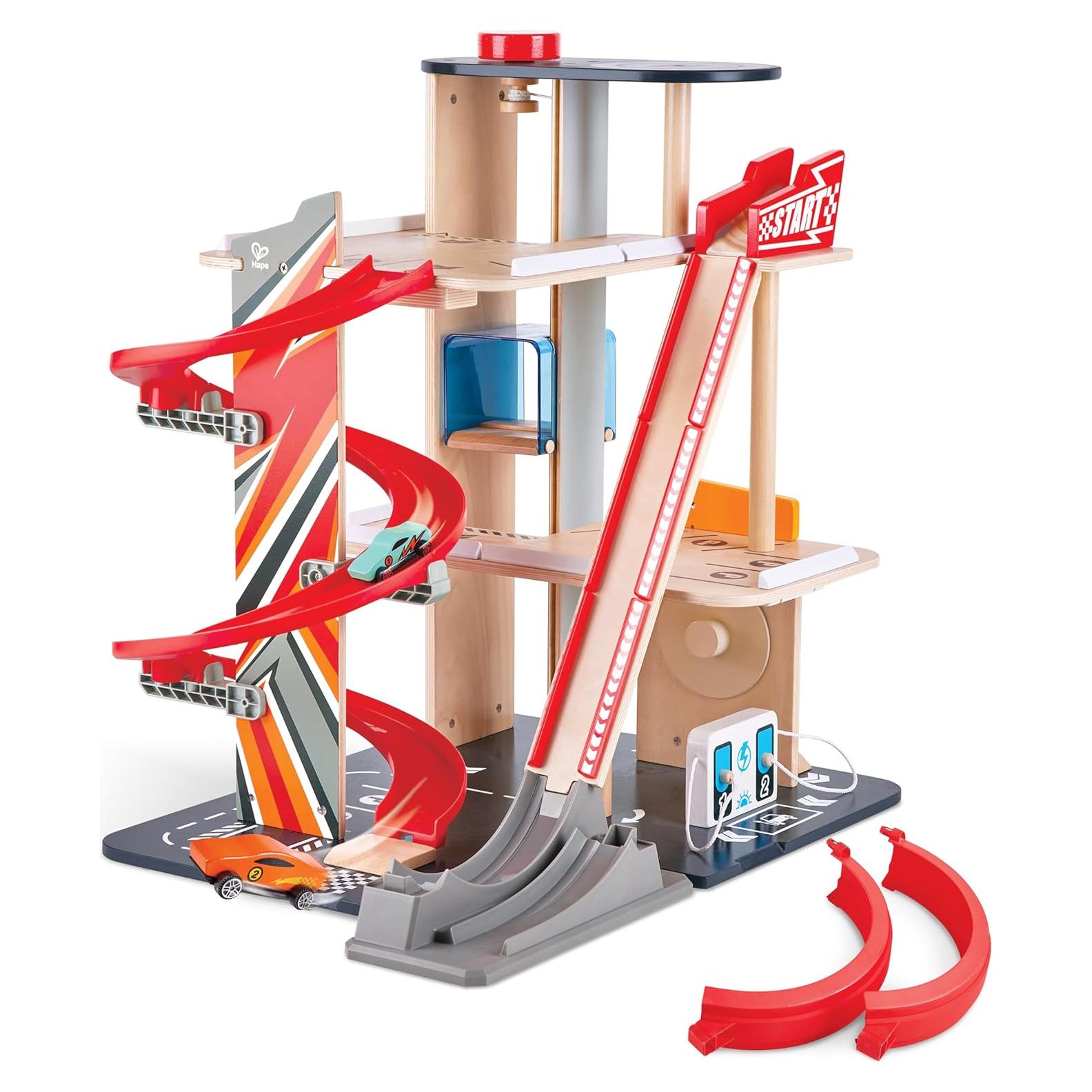 Garaje de Acrobacias Hape E3019 de Madera con Elevador y 2 Coches