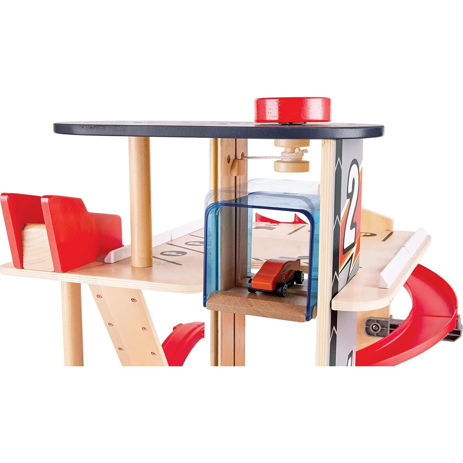 Garaje de Acrobacias Hape E3019 de Madera con Elevador y 2 Coches