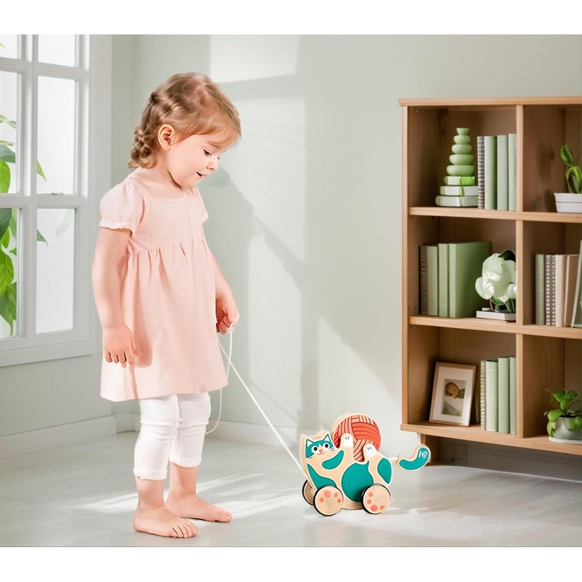 Hape Juguete Tirar y Rodar Gatito de Madera para Niños