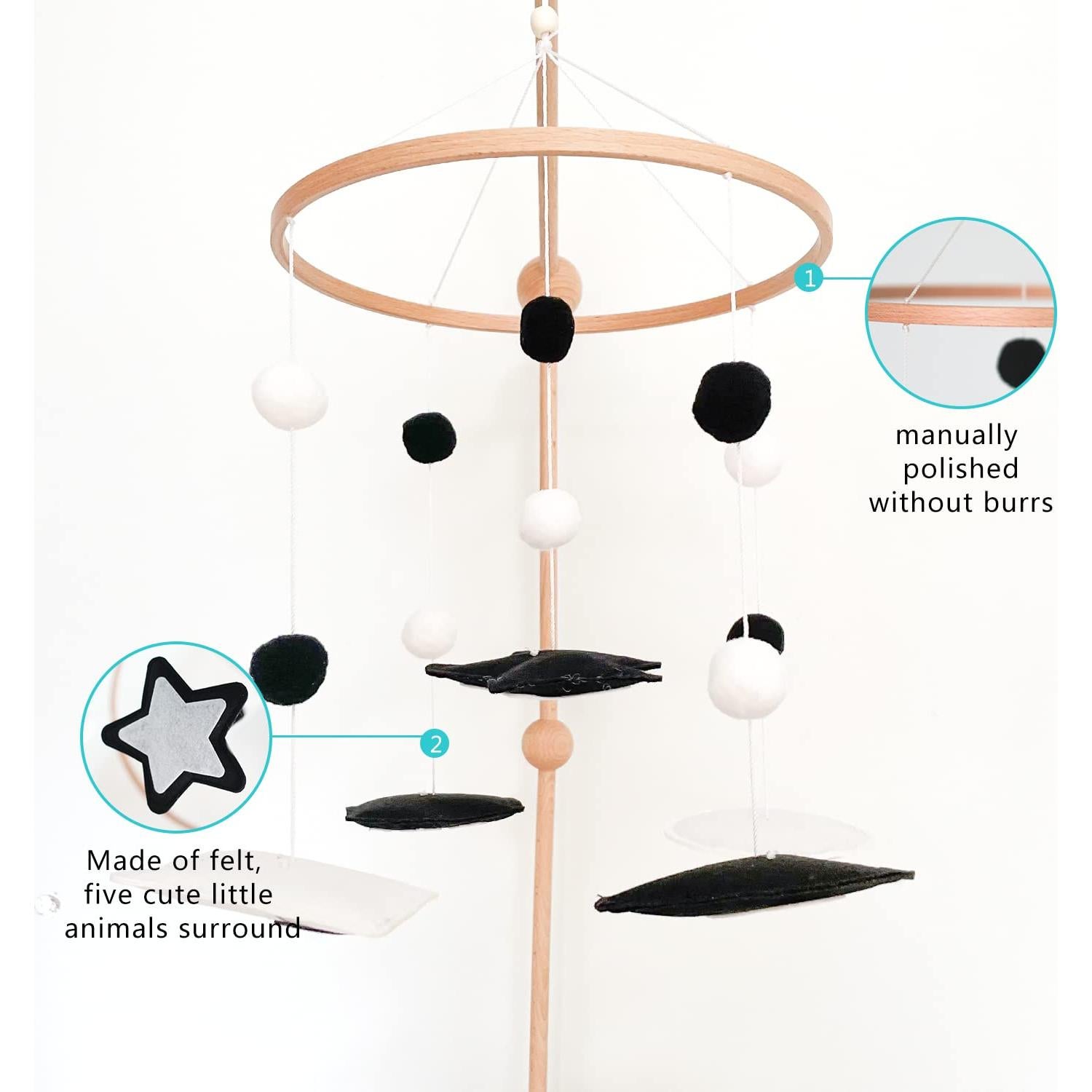 Móvil Montessori de Cuna Vlokup en Blanco y Negro - Estrellas, Sol y Nubes