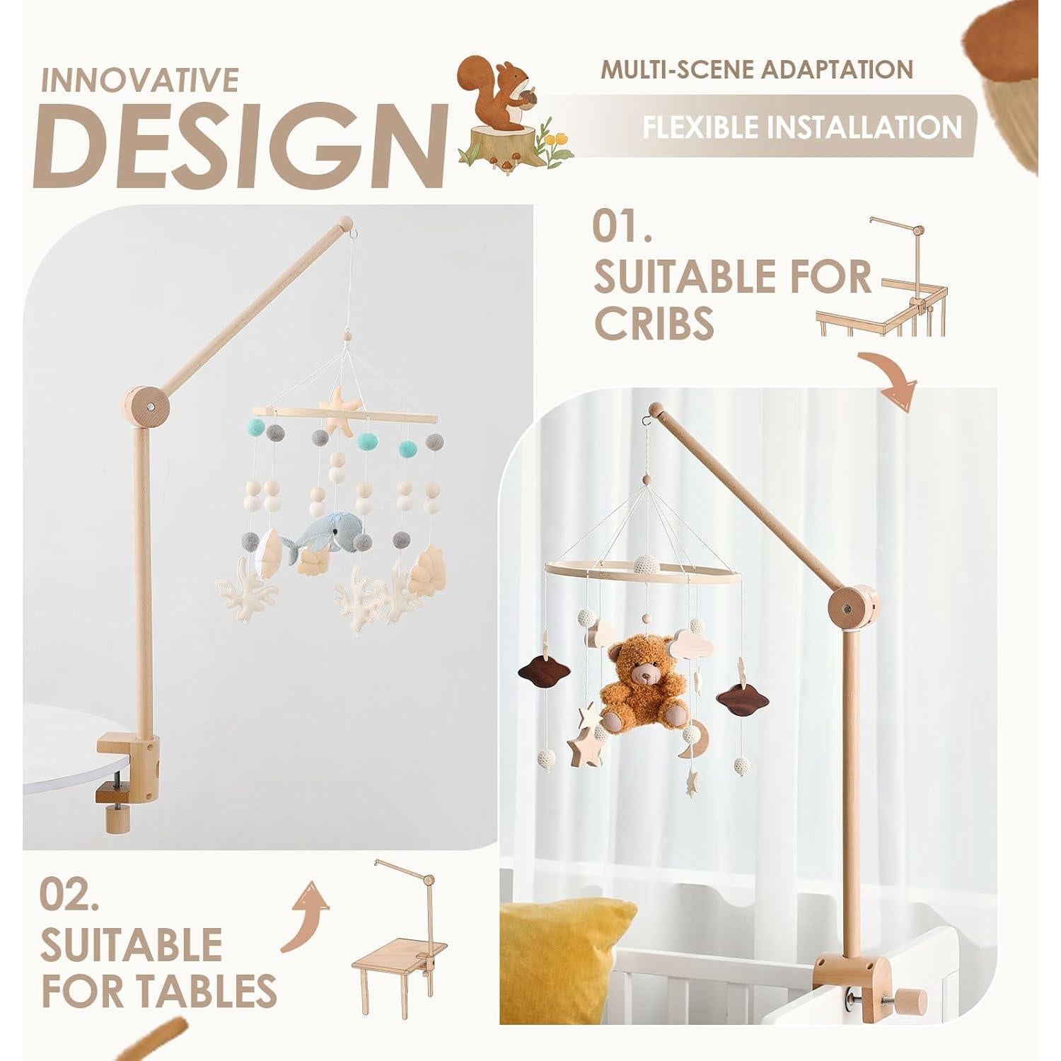 Brazo de Móvil para Cuna Hi Baby Monment - Madera de Haya Natural, Rotativo
