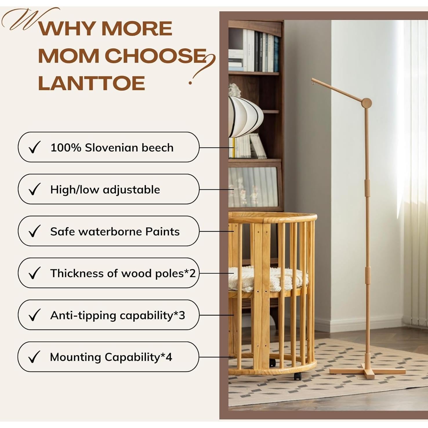 Brazo Móvil de Cuna de Pie Lanttoe - Madera de Haya 155 cm