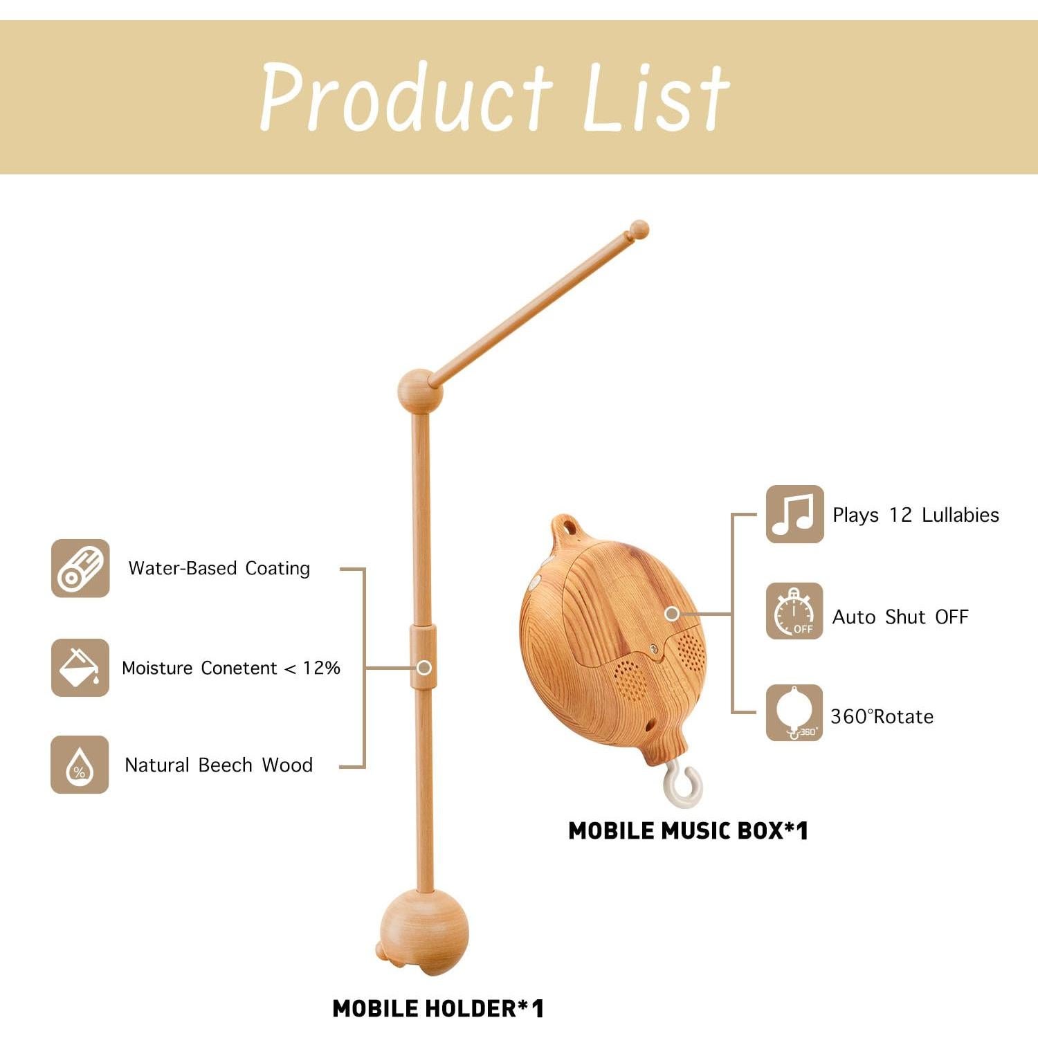 Brazo de Móvil para Cuna de Madera Haya con Música 82.5 cm