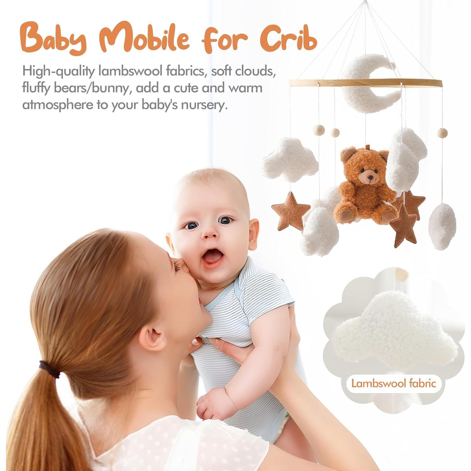 Móvil de Cuna Oso Nube Hecho a Mano - Musical - Marrón