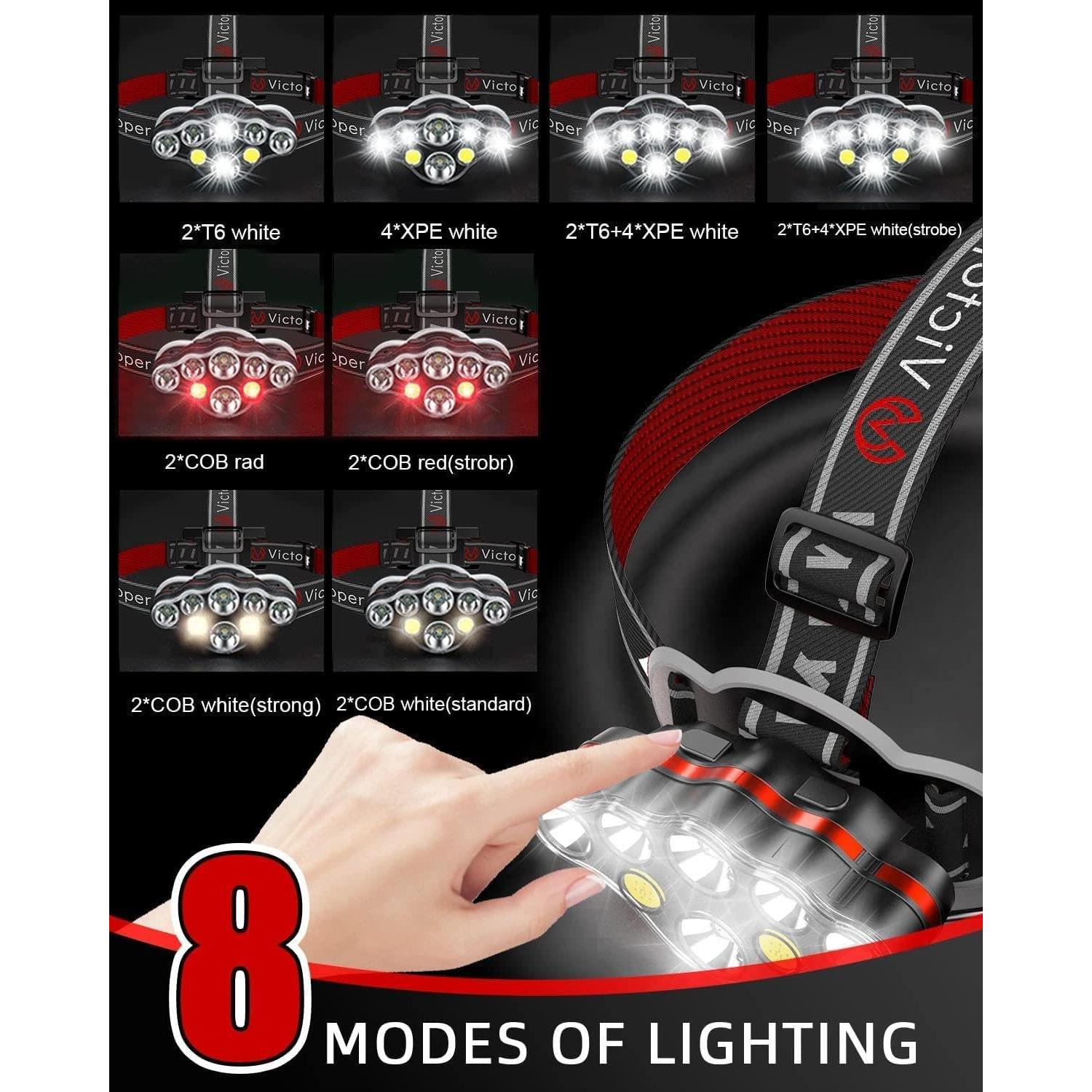 Linterna Frontal Recargable Victoper V8000, 8 LEDs Brillantes