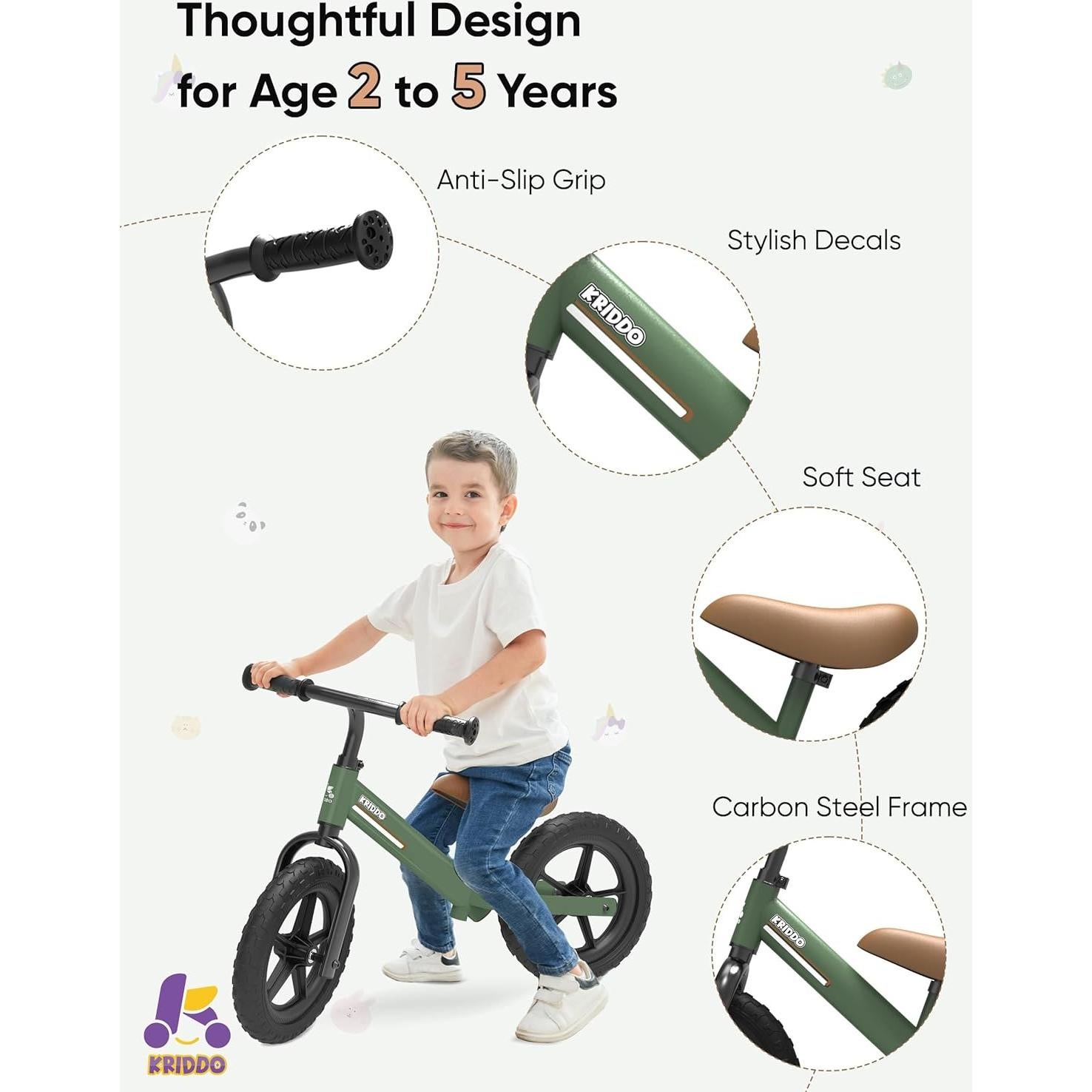Bicicleta de Equilibrio KRIDDO Verde 30.48 cm para Niños 2-5 Años