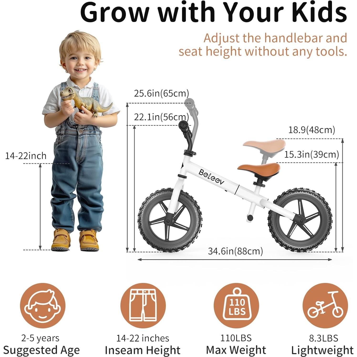 Bicicleta de Equilibrio BELEEV para Niños 2-5 Años 12" Ruedas LED