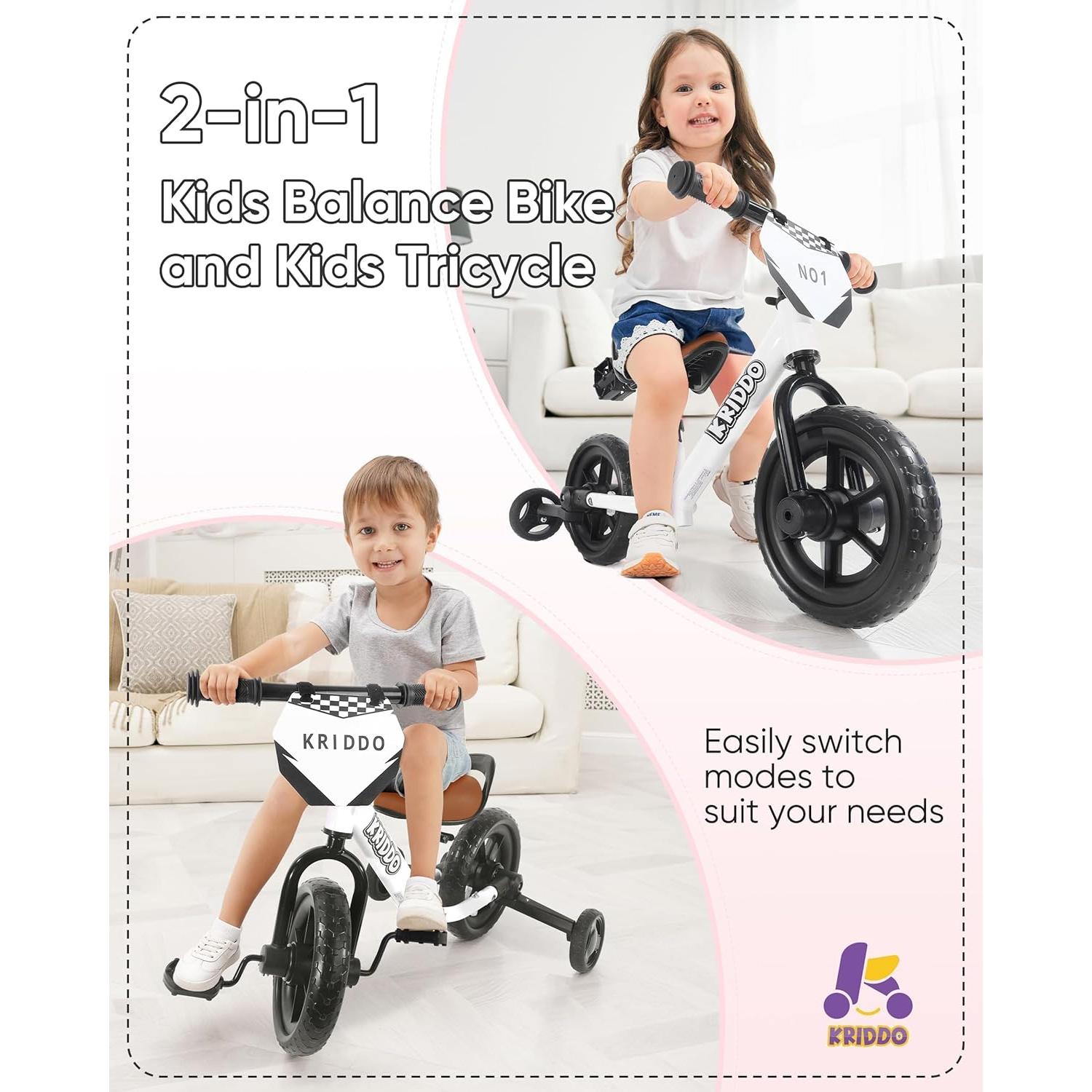 Triciclo 2-en-1 KRIDDO para Niños Blanco - Bicicleta de Equilibrio