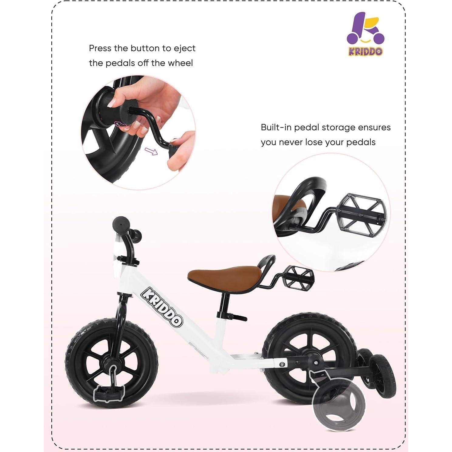 Triciclo 2-en-1 KRIDDO para Niños Blanco - Bicicleta de Equilibrio