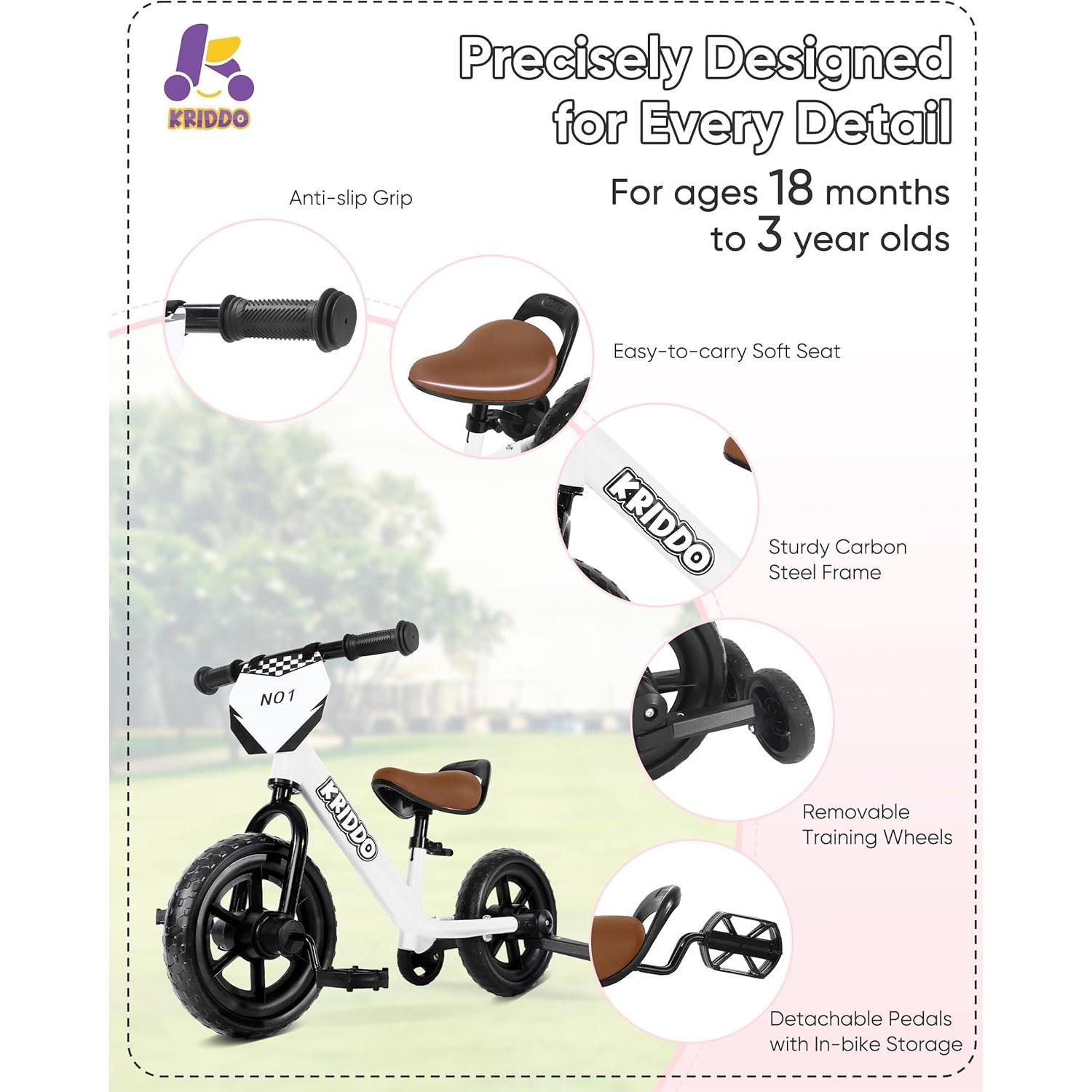 Triciclo 2-en-1 KRIDDO para Niños Blanco - Bicicleta de Equilibrio