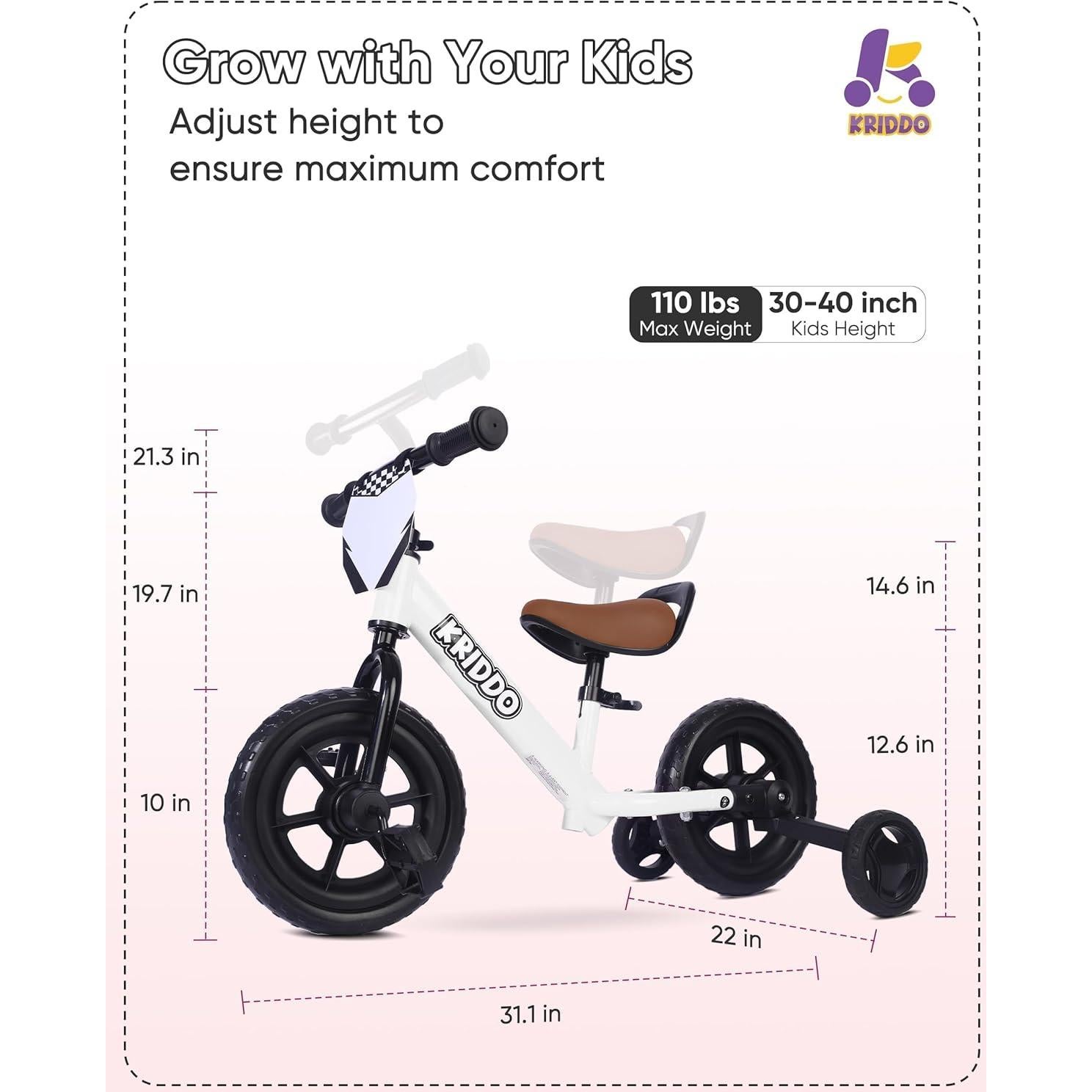 Triciclo 2-en-1 KRIDDO para Niños Blanco - Bicicleta de Equilibrio