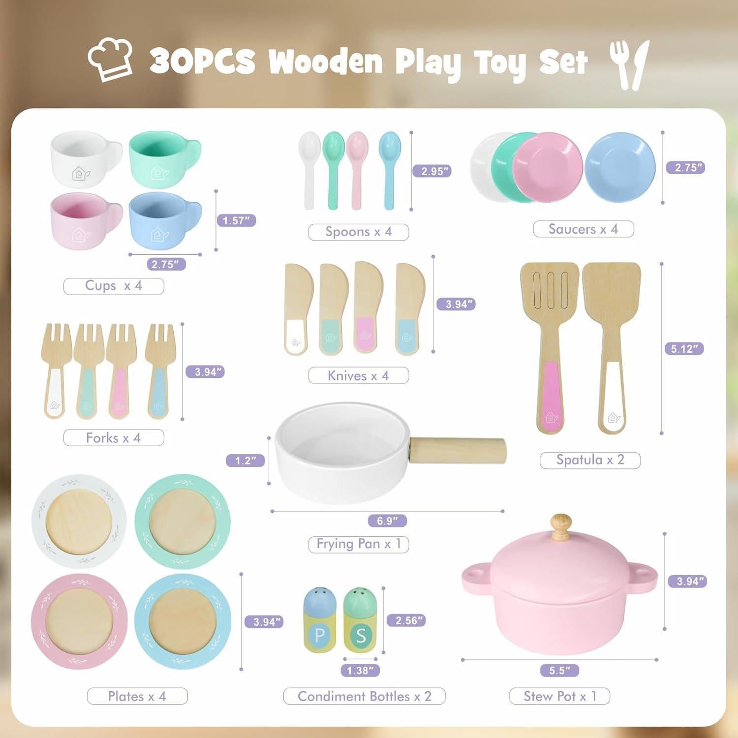 Set de Cocina de Madera SimpliPlay 30PCS para Niños 3-8 Años