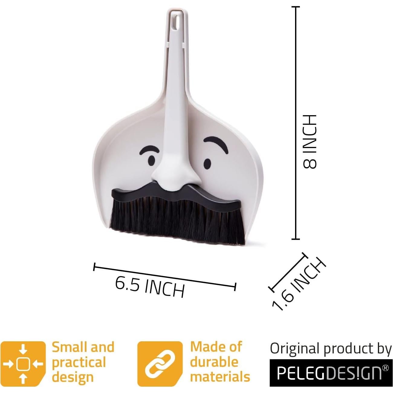 Peleg Design Dustache Small Dustpan and Brush Set, Mini Broom and Dustpan Set, Mustache Design, Small Broom and Dustpan Set, for Home & On-The-Go