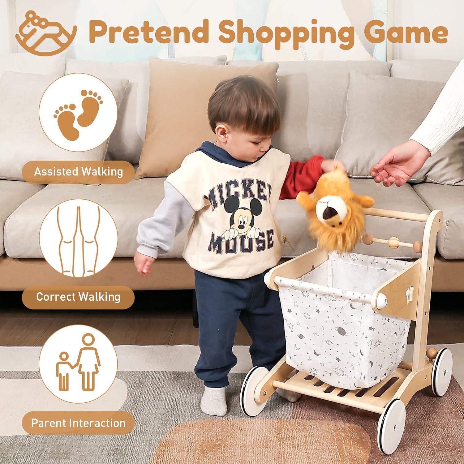 Caminador de Bebé 2-en-1 Woodtoe Carrito de Compras Ajustable