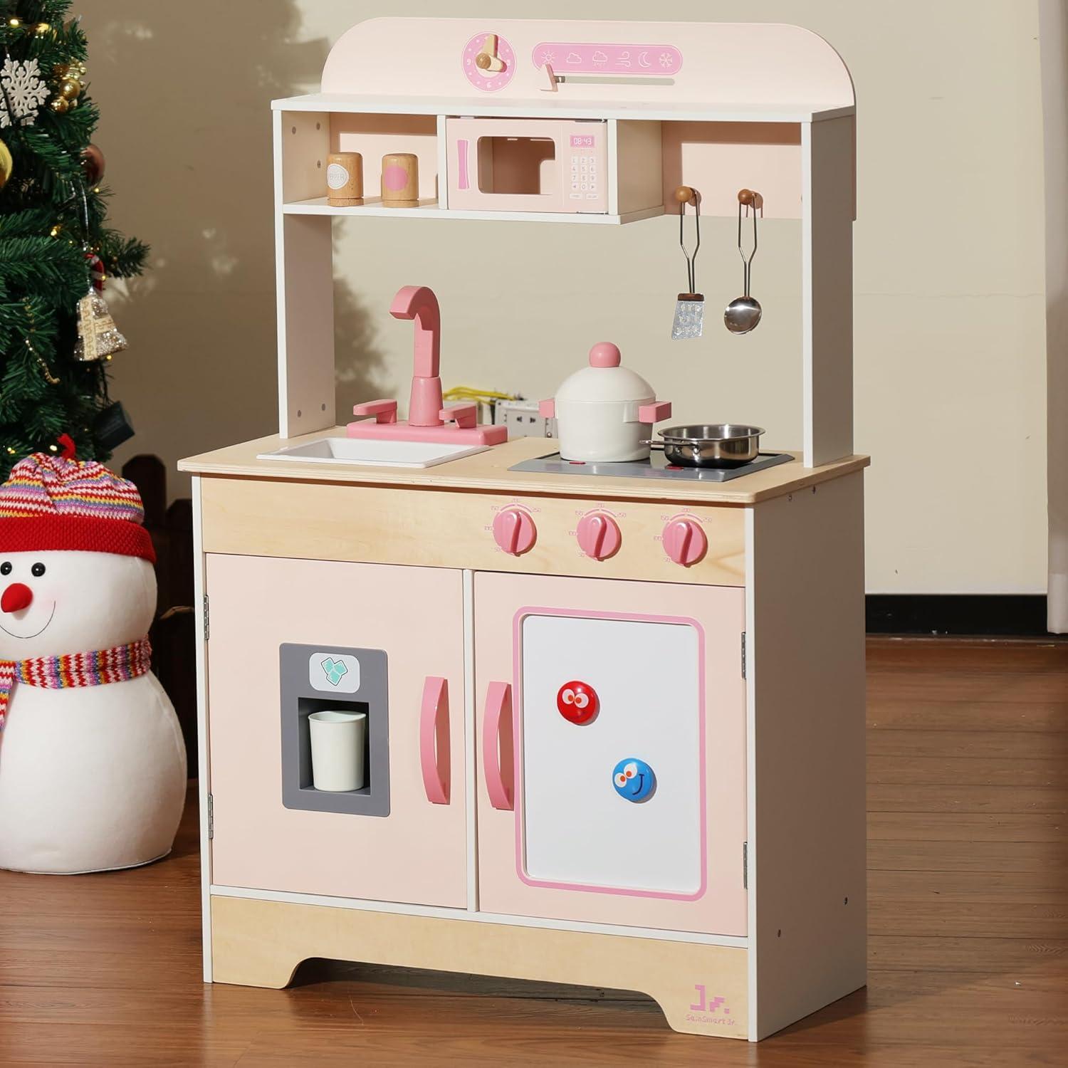 SainSmart Jr. Wooden Play Kitchen for Kids - Premium Toddler Pretend Play Cooking Set - Includes Stove, Refrigerator, and Accessories for Boys and Girls