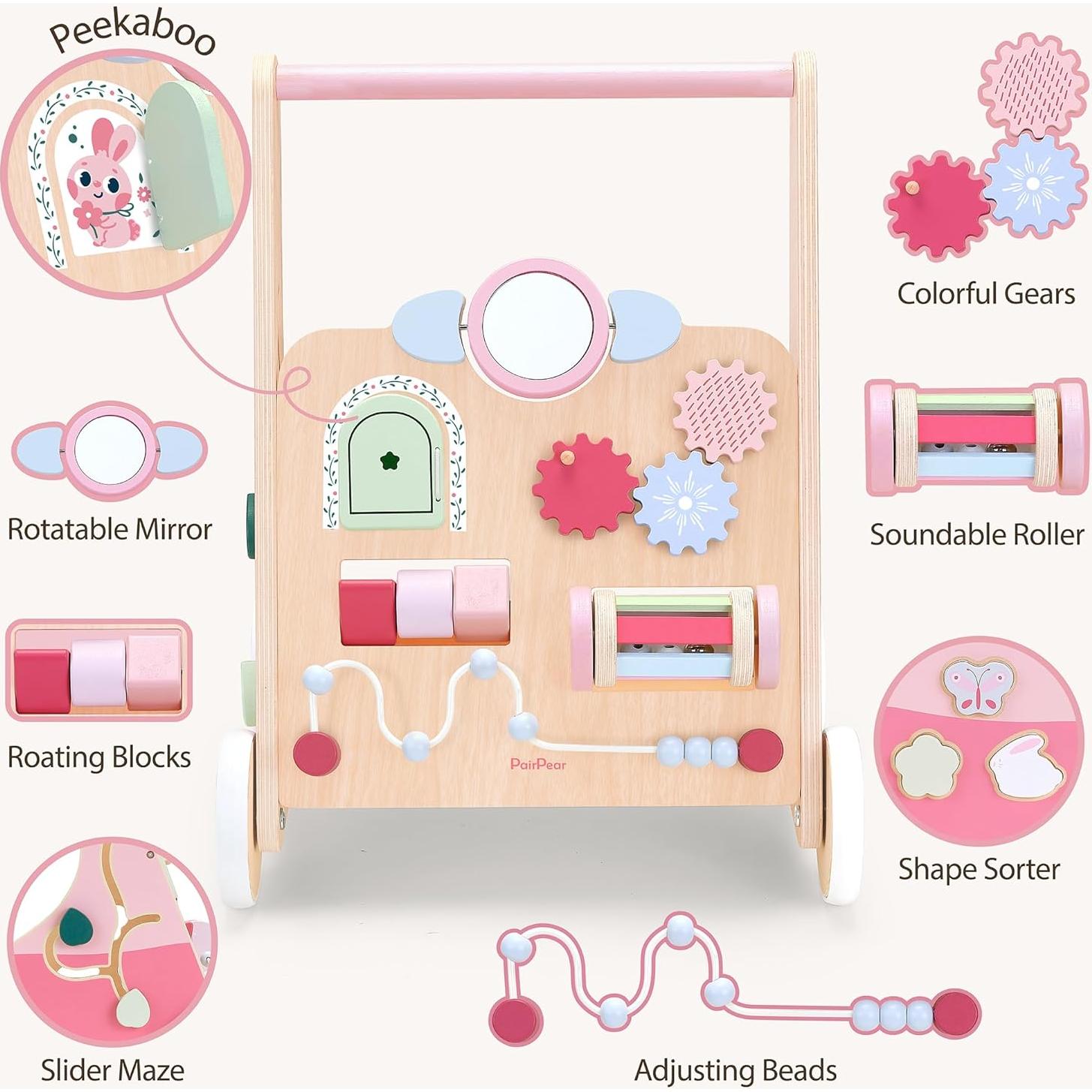 Andador de Madera PairPear Conejo Rosa 8 en 1 para Bebés