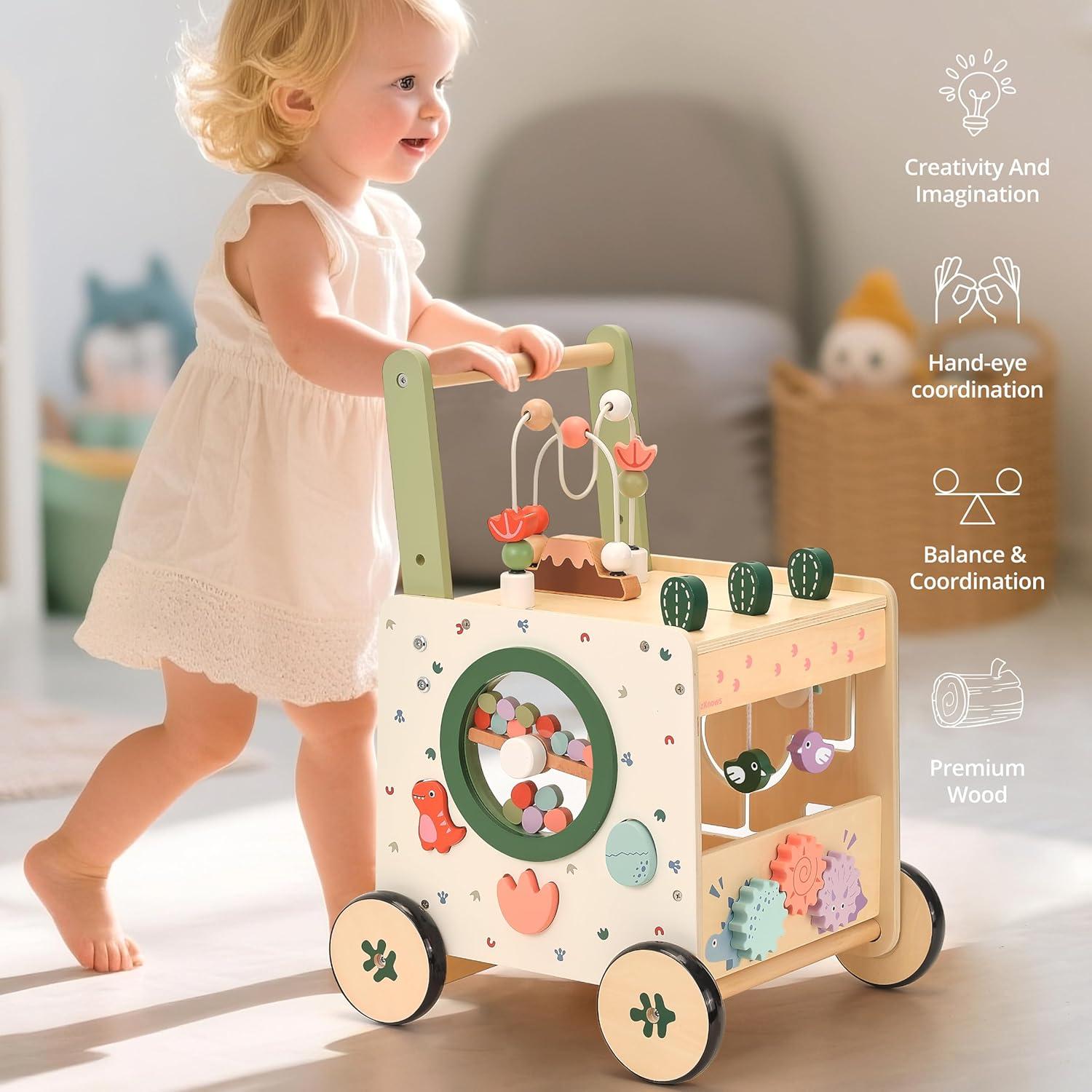 Andador de Bebé Dinosaurio KizKnows 6-en-1 Madera Natural 12M+