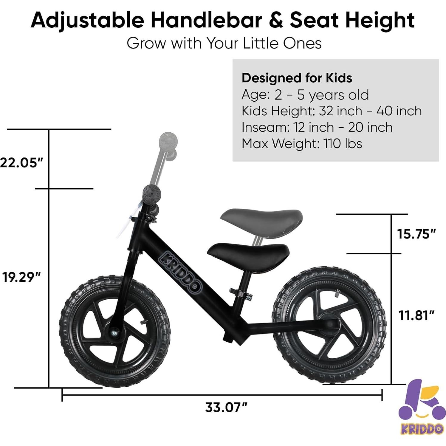 Bicicleta de Equilibrio KRIDDO para Niños 2-5 Años 12"