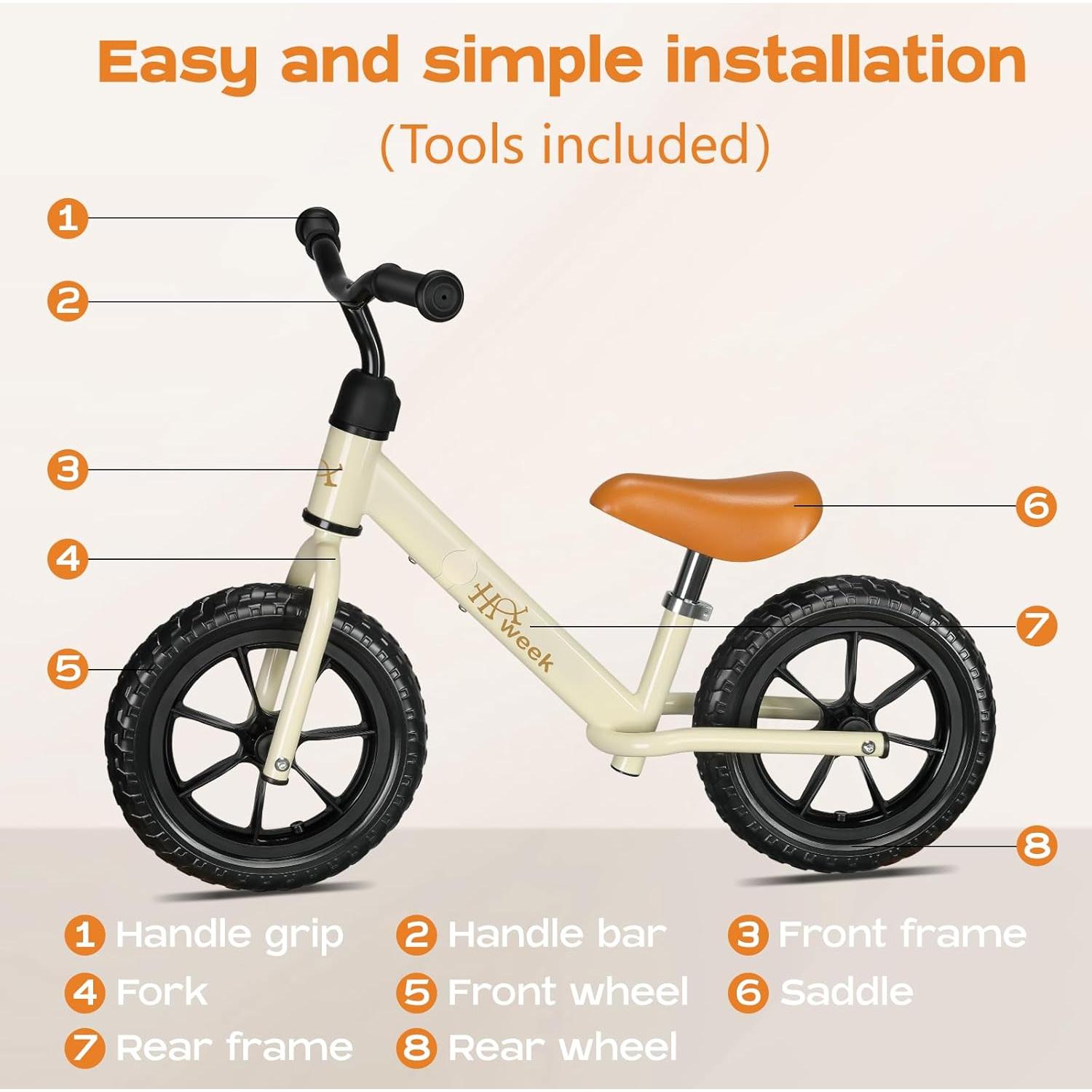 Bicicleta de Equilibrio HAWEEK 12" Beige para Niños 2-5 Años