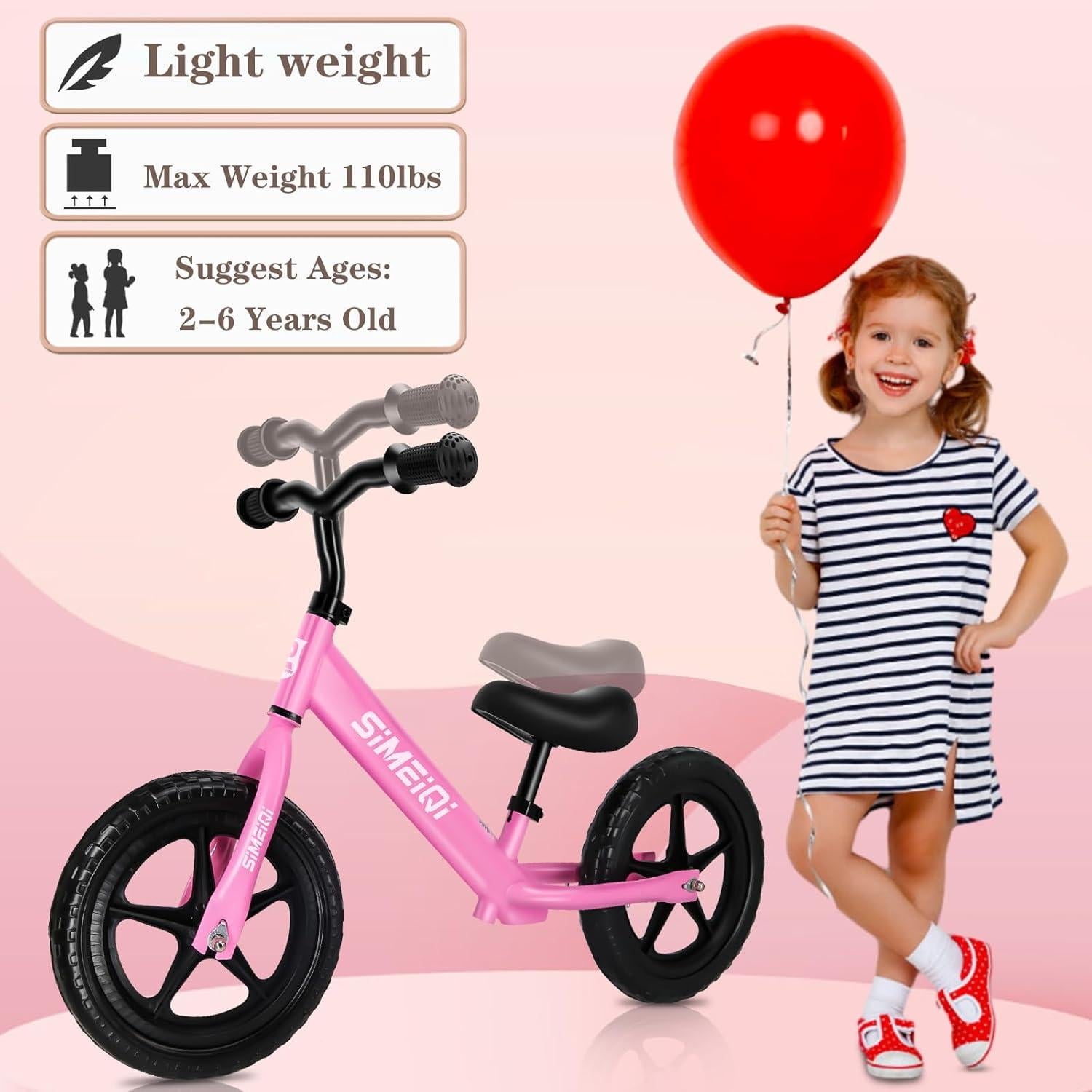 Bicicleta de Equilibrio SIMEIQI 12" Rosa Ajustable para Niños