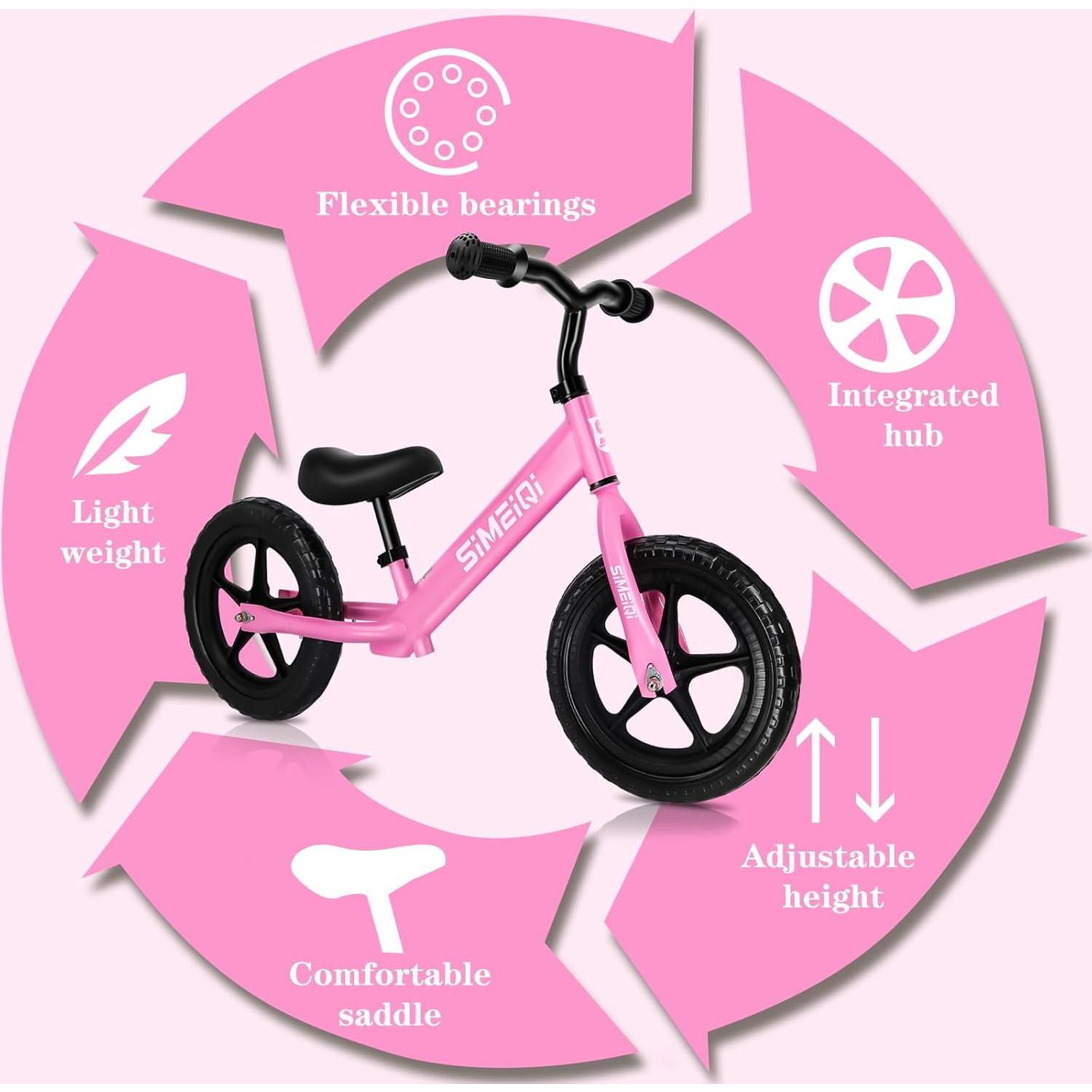 Bicicleta de Equilibrio SIMEIQI 12" Rosa Ajustable para Niños