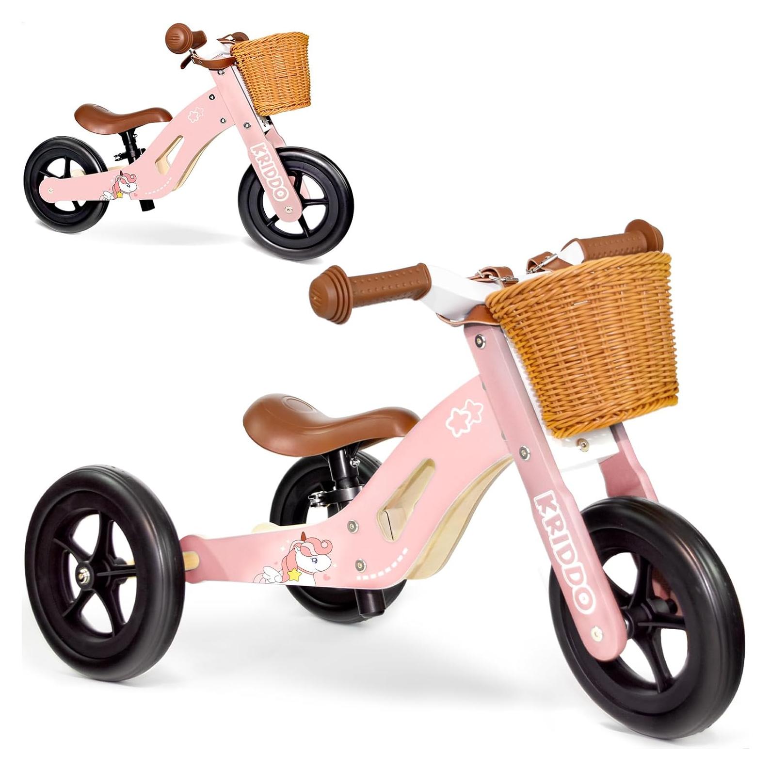 Triciclo de Madera KRIDDO 2 en 1 Rosa para Niños 1-4 Años