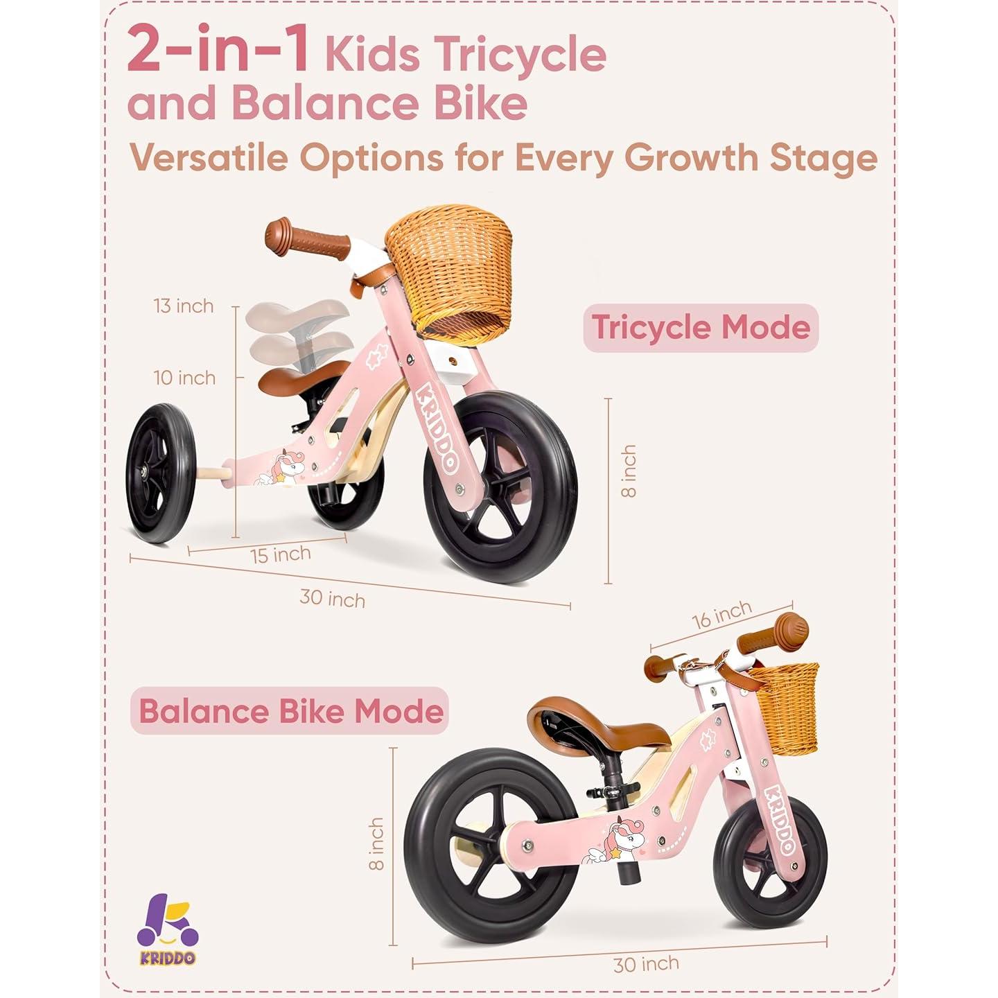 Triciclo de Madera KRIDDO 2 en 1 Rosa para Niños 1-4 Años