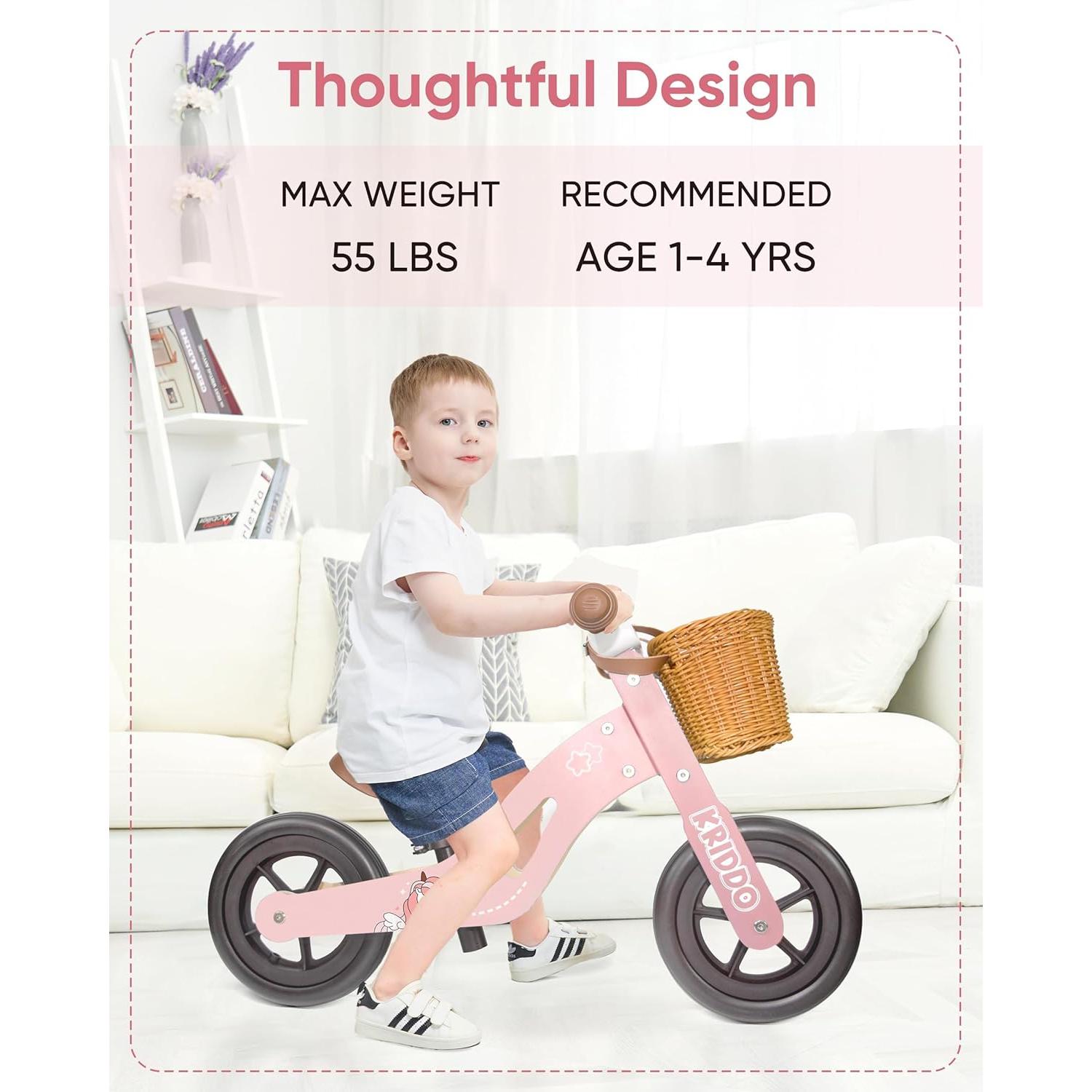 Triciclo de Madera KRIDDO 2 en 1 Rosa para Niños 1-4 Años