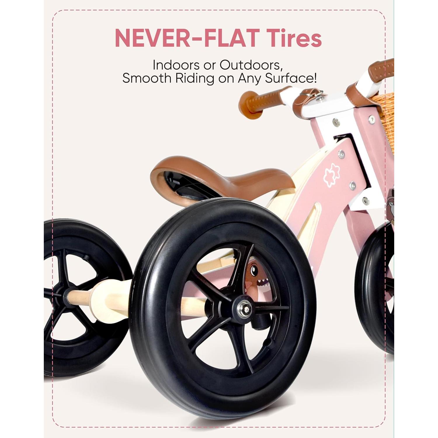 Triciclo de Madera KRIDDO 2 en 1 Rosa para Niños 1-4 Años