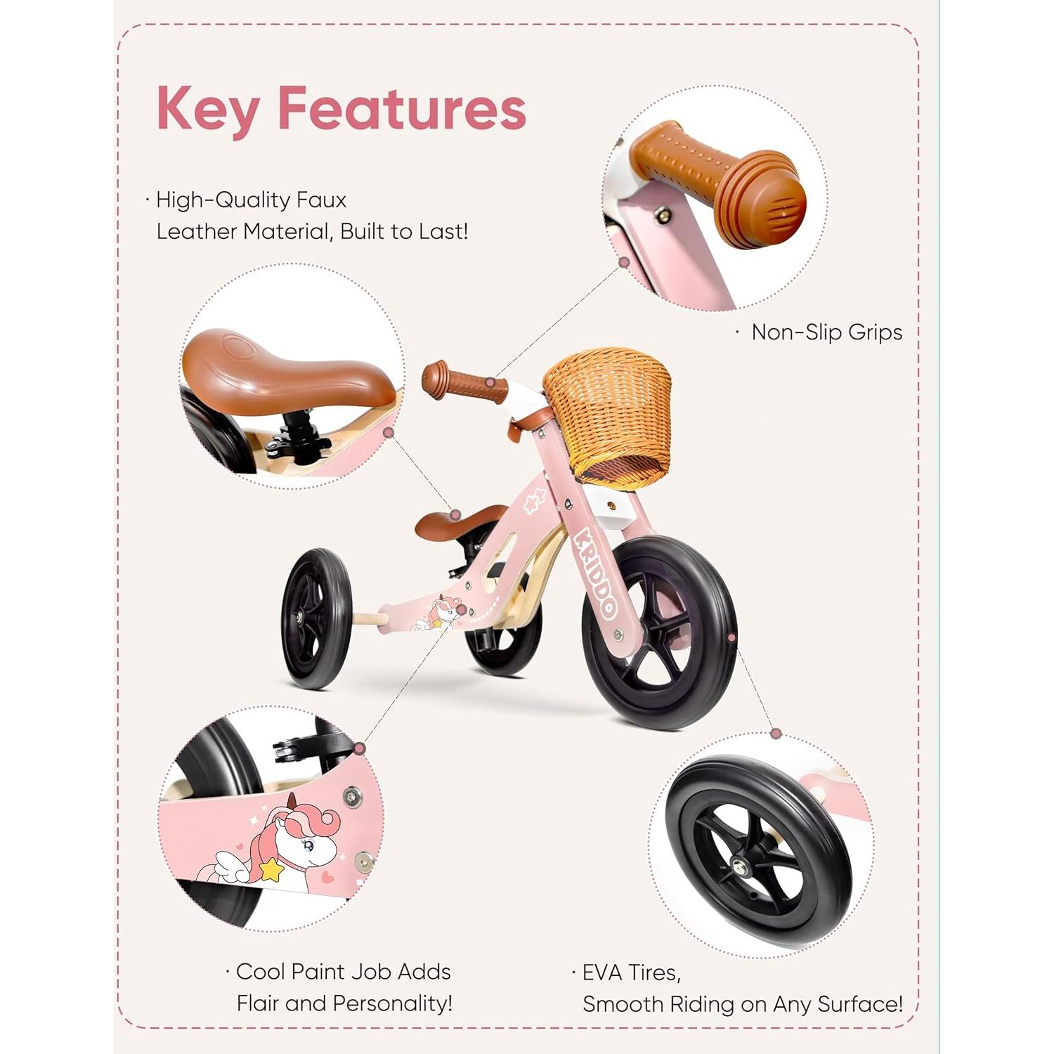 Triciclo de Madera KRIDDO 2 en 1 Rosa para Niños 1-4 Años