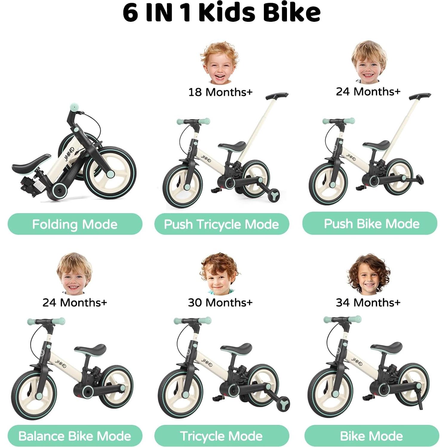 Bicicleta de Equilibrio JMMD 6 en 1 para Niños Menta